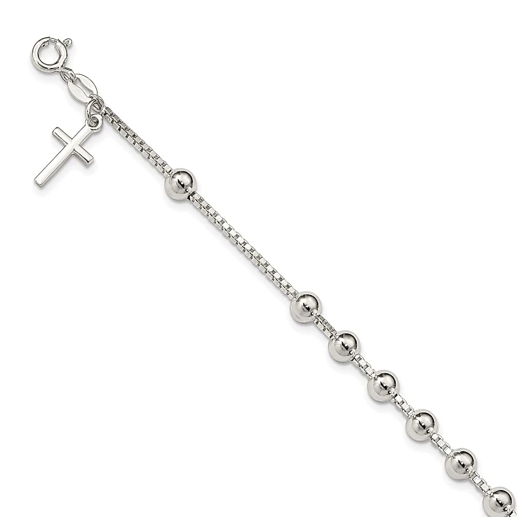 925 Sterling Silver Cross Charm Bead Bracelet for Women - 7.25 Inch Religious Jewelry Gift for Her - Perfect for Church, Baptism, Confirmation & Everyday Faith Wear