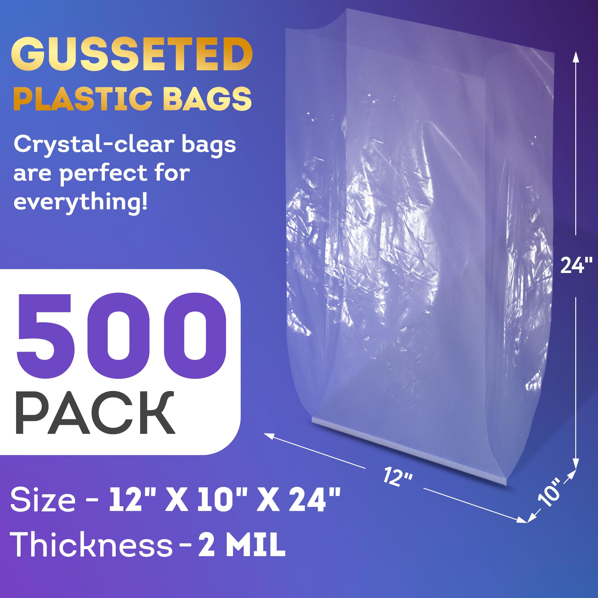 APQ Clear Gusseted Poly Bags 12x10x24 Inches - 500 Pack Waterproof Flat Bottom Plastic Bags with Open Top - 2 Mil Thick Clear Packaging Bags for Popcorn, Cookies, Bread - Perfect for Party Favors, Bakery Storage & Retail Packaging