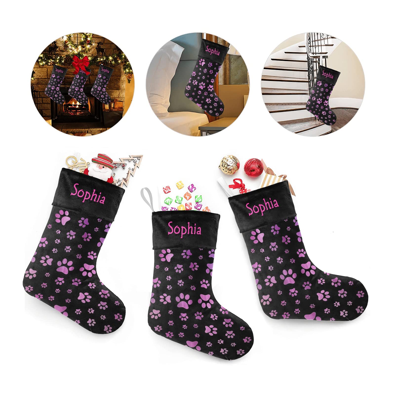 Custom Purple Dog Paw Christmas Stockings with Name - Personalized Holiday Decor for Pets & Family - 17.5