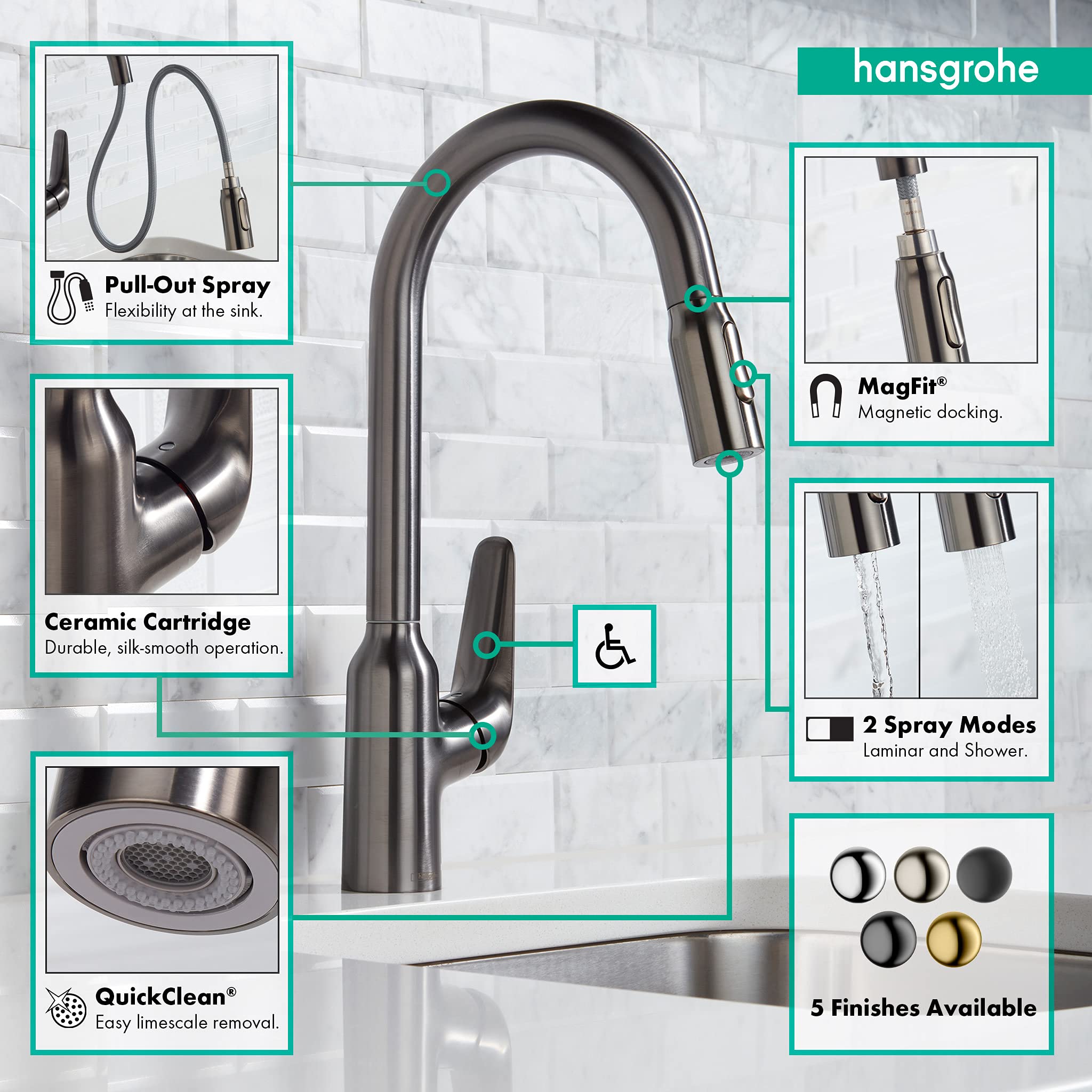 Hansgrohe Focus N Black High Arc Kitchen Faucet with Pull Down Sprayer - Brushed Black Chrome Finish (Model 71800341) - Perfect for Modern Kitchens, Dishwashing & Food Prep