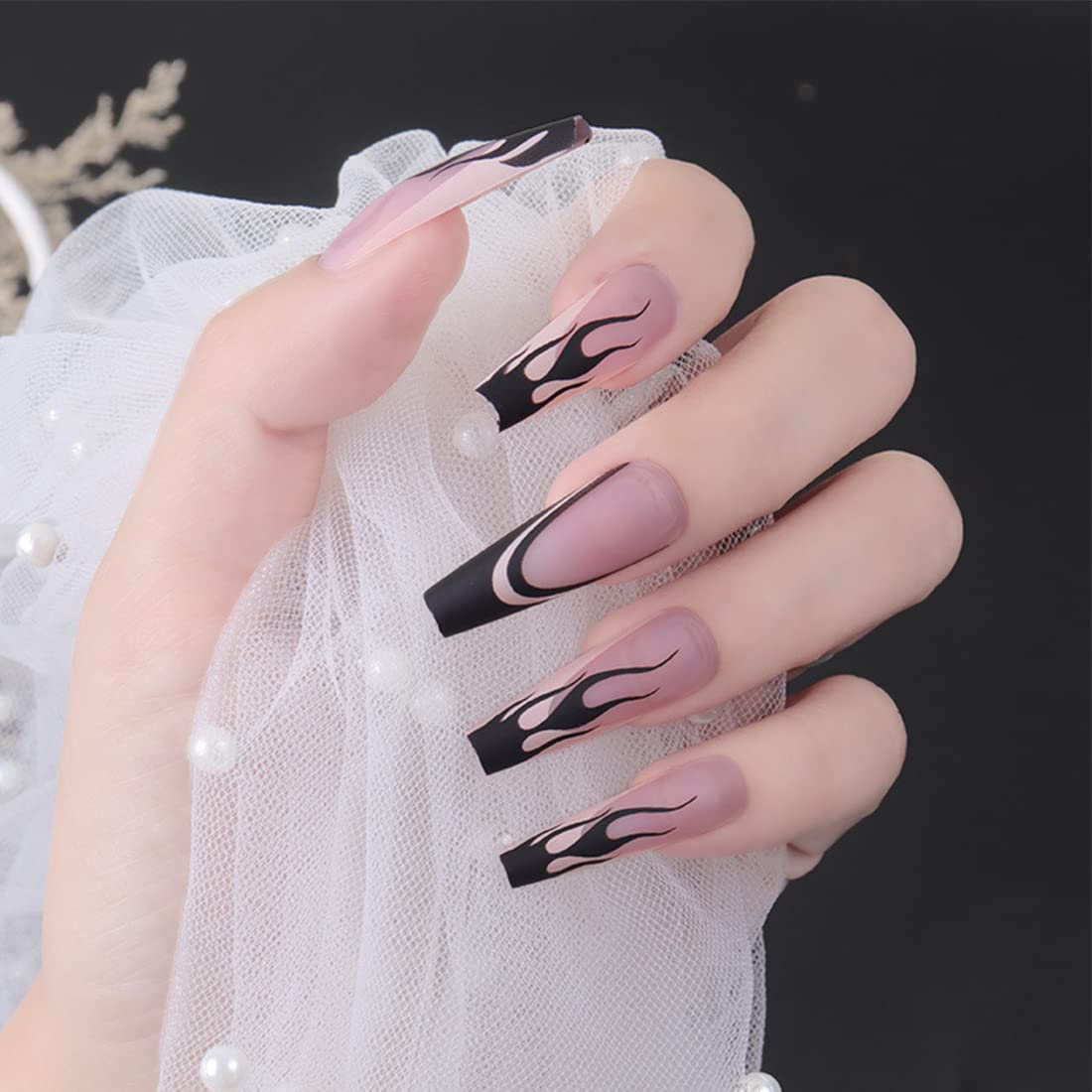 24 Pcs Long Press on Nails - Nude Blue Ribbon Sweet Heart Coffin Fake Nails with Glossy Finish | Includes Nail Glue & Adhesive Tabs | Valentine's Day Nail Art for Women & Girls | Perfect for Parties, Weddings & Special Occasions