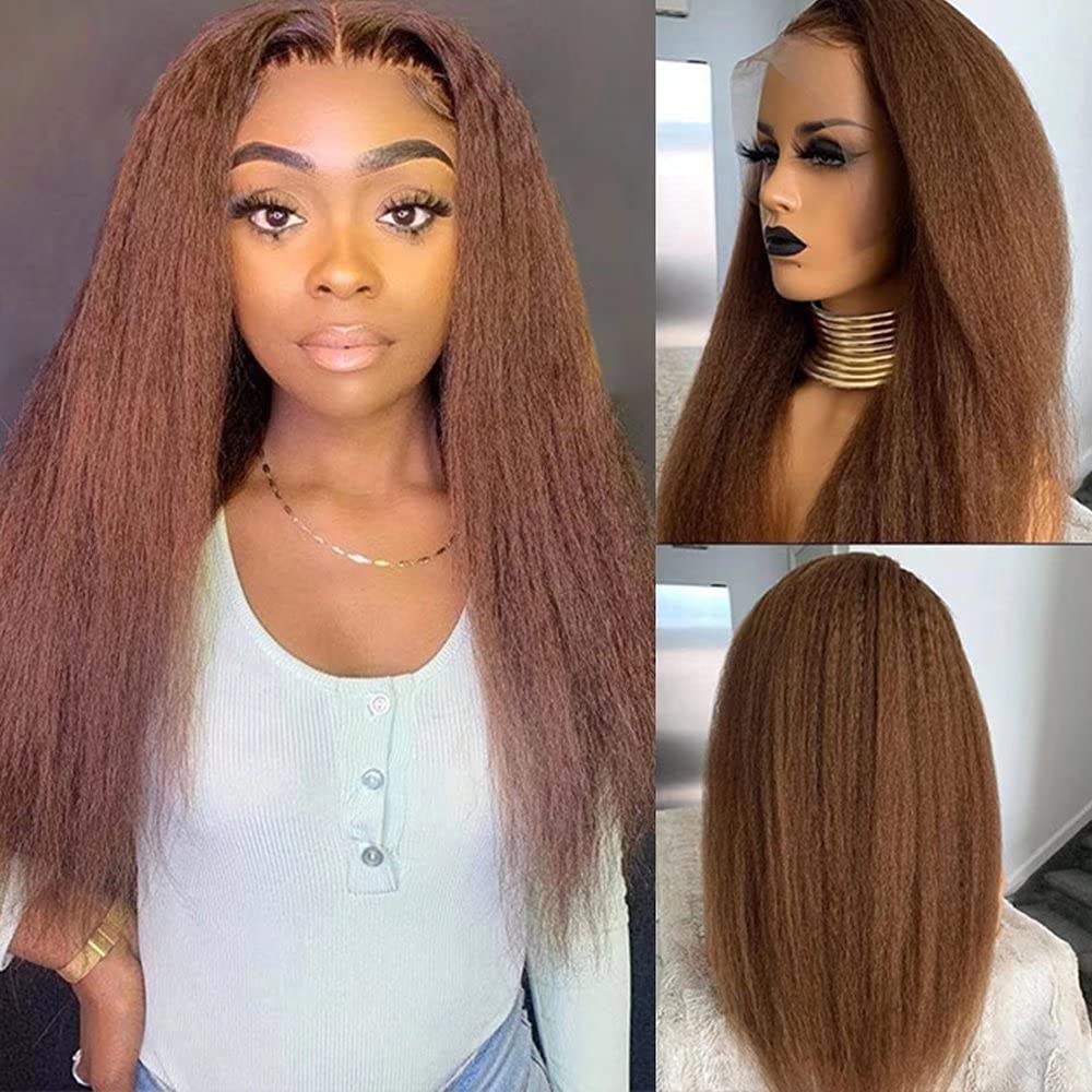 Imeya 13x6 HD Lace Front Human Hair Wig - Brazilian Yaki Straight 150% Density 18 Inch Pre-Plucked with Baby Hair for Black Women | Natural Brown Kinky Straight Wig for Daily Wear, Parties & Special Occasions