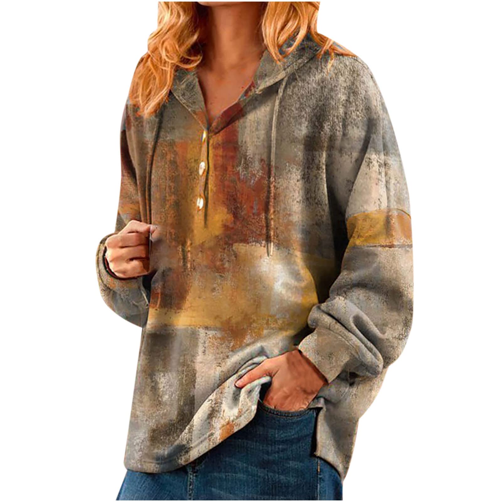 Posijego Women's Fall Winter Hooded Sweatshirt - Long Sleeve V-Neck Button Down Hoodie for Office & Casual Wear | Cozy Layering for Work, Commuting & Weekend Outings