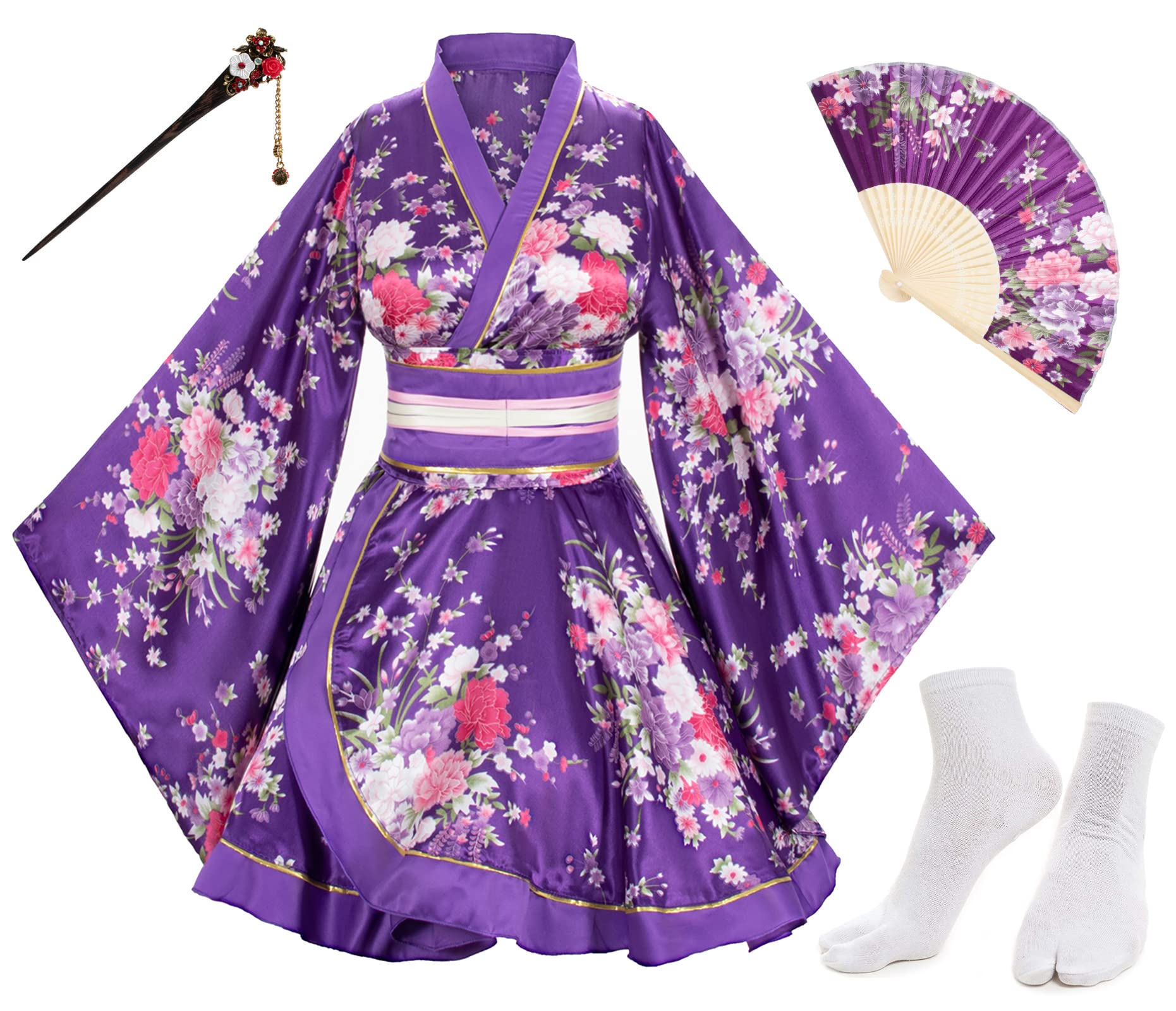 Japanese Anime Women's Dance Kimono Robe with Silk Folding Fan & Tabi Socks Set - Traditional Cosplay Costume for Halloween, Stage Performance and Themed Parties