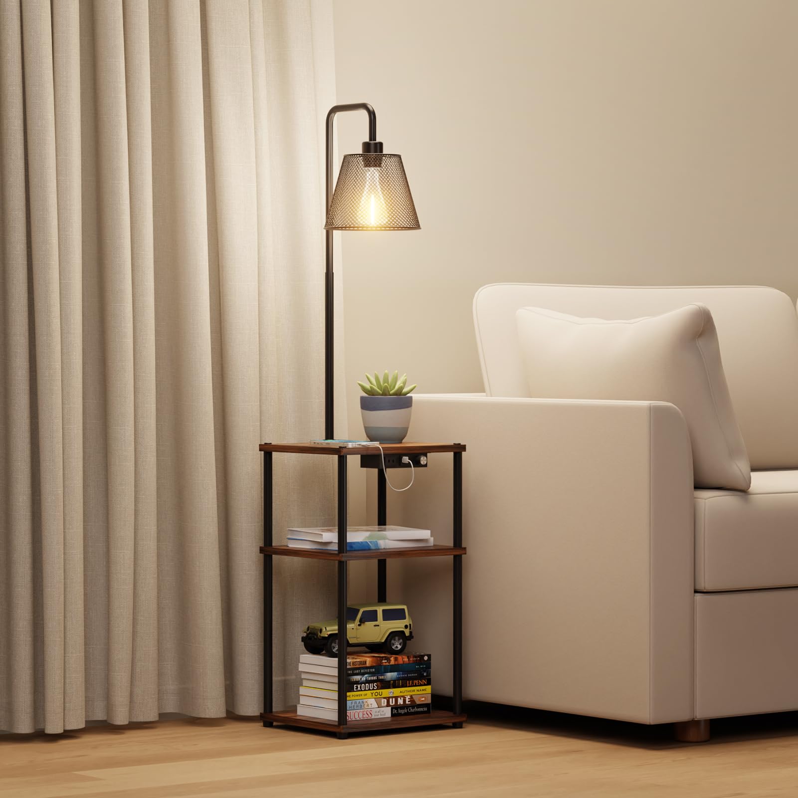 Modern Floor Lamp with Side Table - USB Charging Port & Outlet, Adjustable Bedside Nightstand End Table with Built-in Light for Living Room, Bedroom, Guest Room - Includes LED Bulbs (2 Pack) - Perfect for Reading, Working & Charging Devices