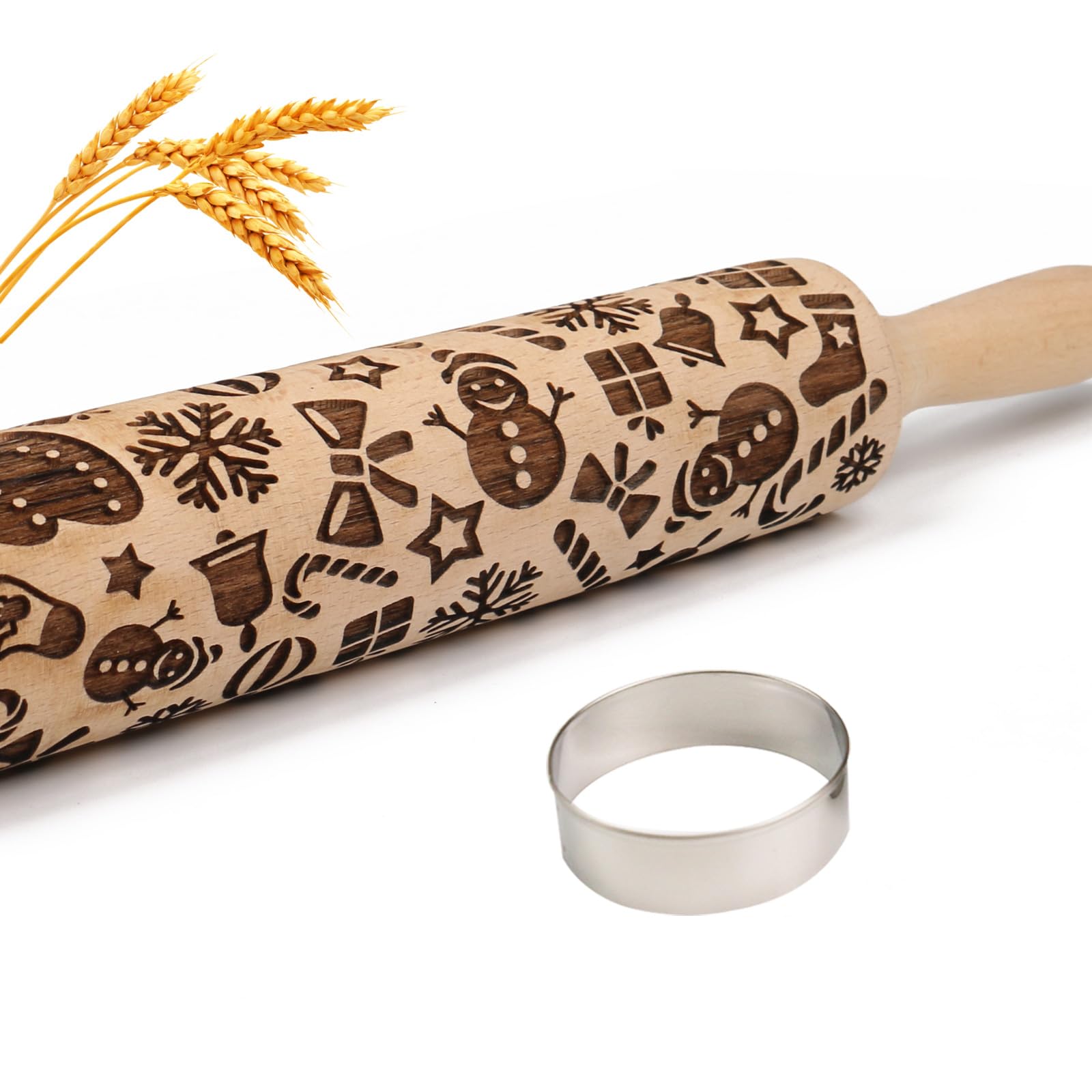 Christmas Snowflake & Snowman Embossed Rolling Pin - Wooden Engraved Cookie Dough Roller for Baking, Springerle, Clay Pottery & Ceramic Crafts - Perfect Holiday Gift for Bakers, Women & Kids (Ideal for Christmas Cookies, DIY Crafts & Family Baking Activities)
