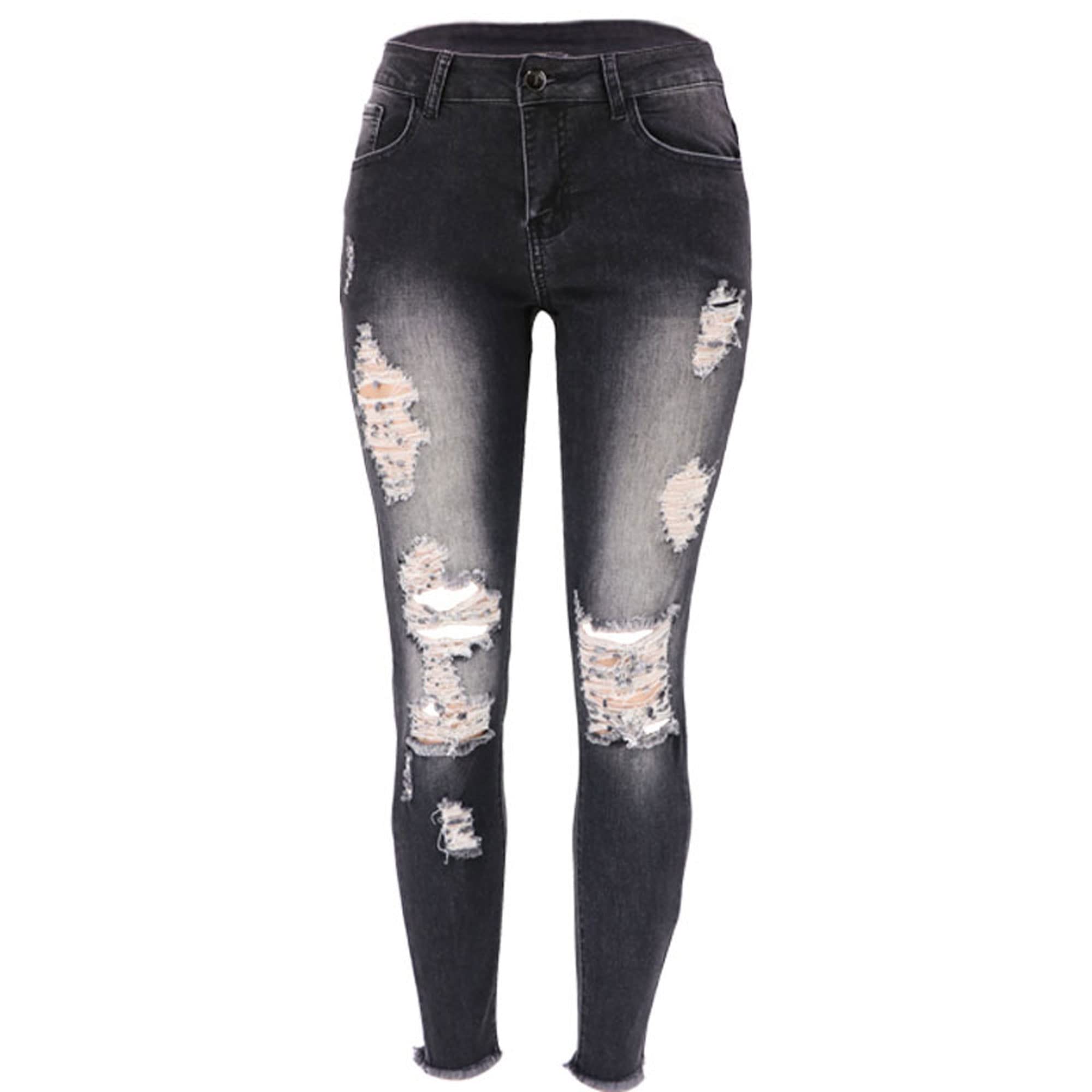 Ripped Women's Skinny Jeans - High Waist Hip Lifting Stretch Denim Pants for Casual Wear & Night Out