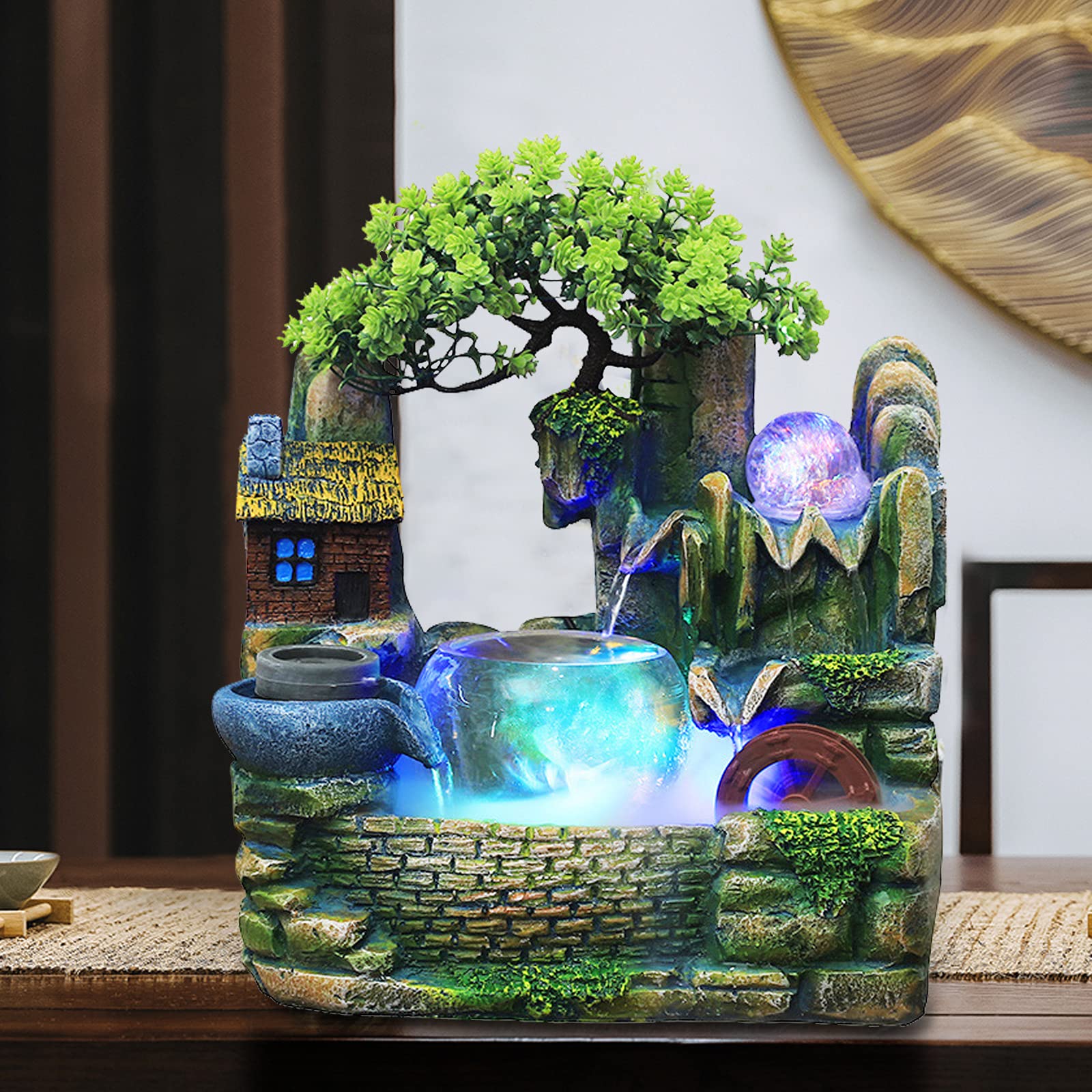 Mini Indoor Tabletop Fountain - Zen Waterfall Desktop Fountain with Resin Rockery & Bonsai Design for Home, Office, Bedroom Decor | Perfect Relaxation Gift for Stress Relief & Meditation Spaces
