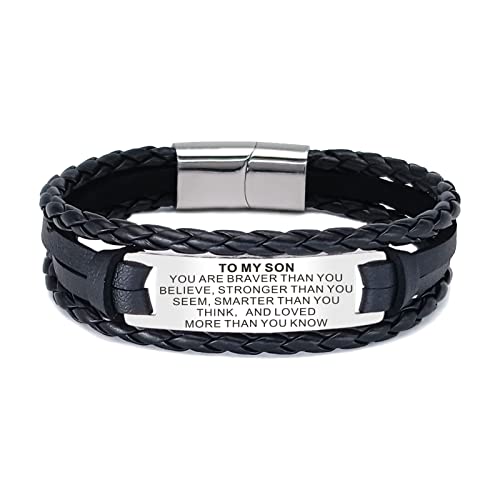 TAGOMEI Inspirational Braided Leather Bracelet for Men & Teens - Engraved Stainless Steel Magnetic Clasp Cuff Wristband - Thoughtful Son Gift from Mom & Dad - Perfect for Birthdays, Graduation & Father's Day