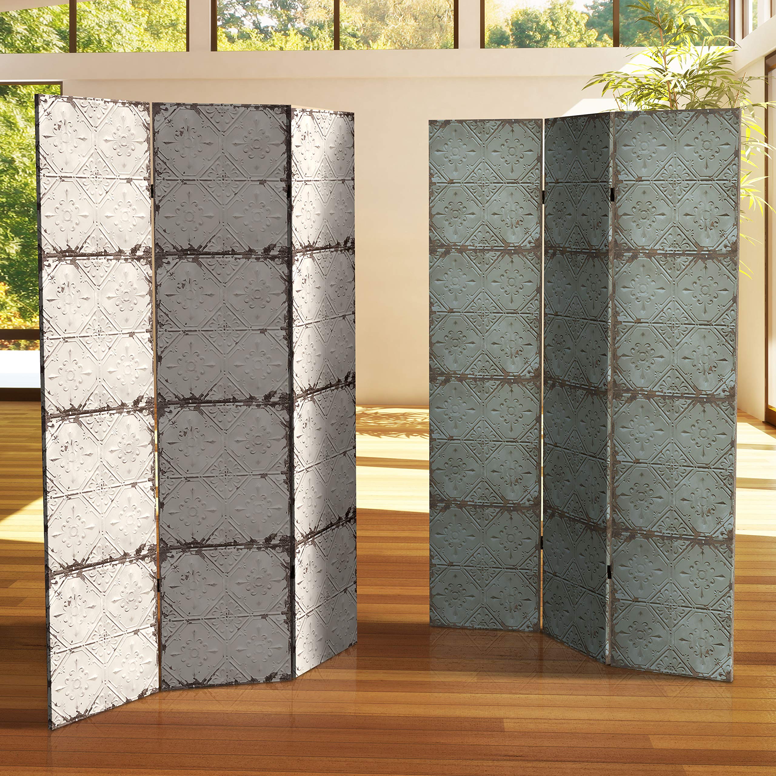 6 ft. Tall Double Sided Antique Grey Canvas Room Divider - Red Lantern Folding Screen for Home Office, Living Room & Bedroom Partition
