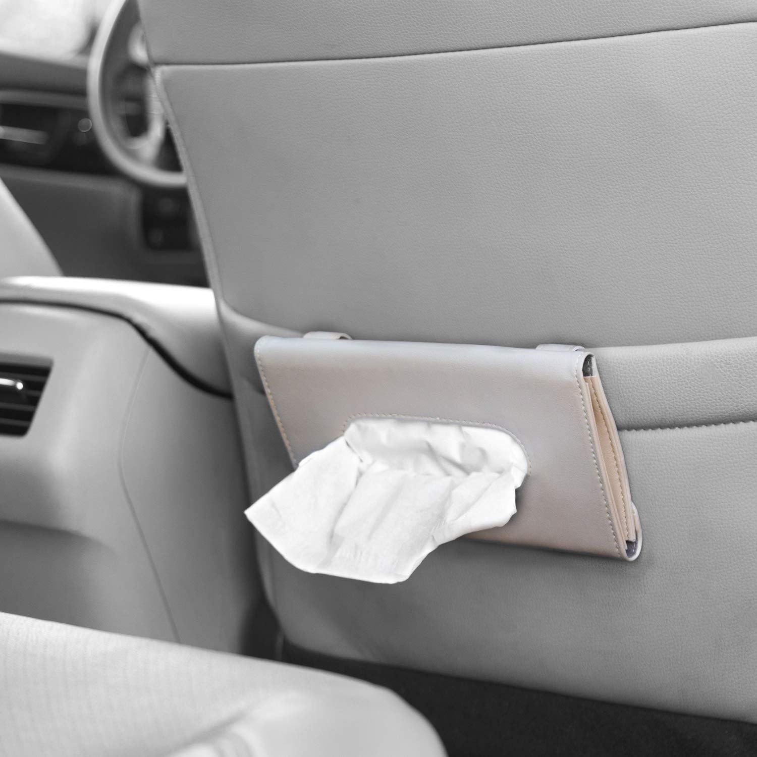 Premium Beige PU Leather Car Sun Visor Tissue Holder - Hanging Tissue Dispenser for Car Door & Back Seat Pocket - Interior Accessories Pouch for Wipes & Napkins - Perfect for Road Trips, Commuting & Family Travel