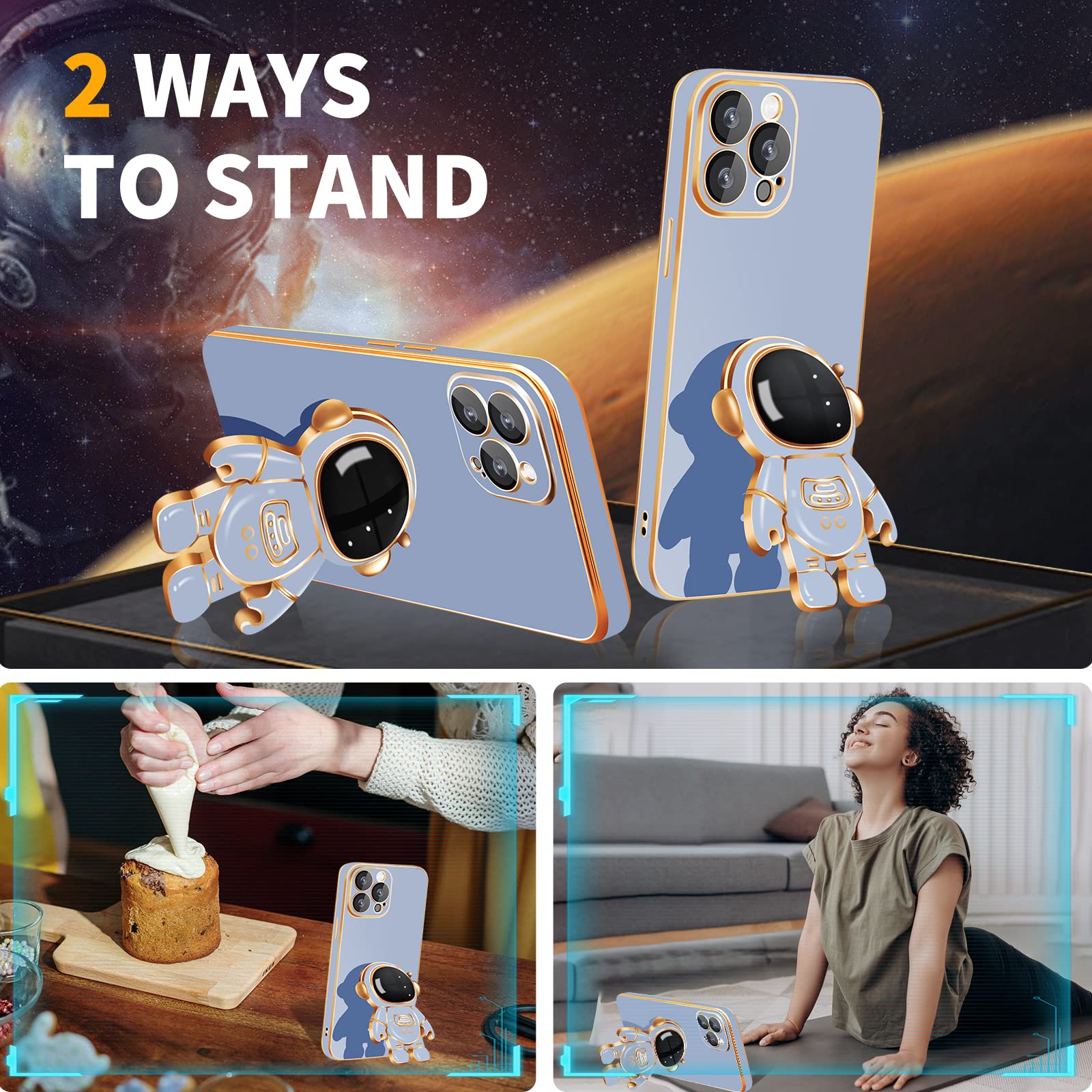 Loheckle Astronaut Phone Case for iPhone 13 Pro Max - 6D Plating Cute Astronaut Design with Hidden Stand & Camera Protector - Dark Blue - Perfect for Space Enthusiasts & Everyday Protection