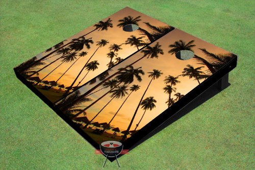 Premium Palm Sunset Themed Cornhole Game Set - Regulation Size Outdoor Bean Bag Toss Boards for Backyard, Beach, and Tailgate Parties - Perfect for Summer BBQs, Beach Vacations, and Outdoor Gatherings