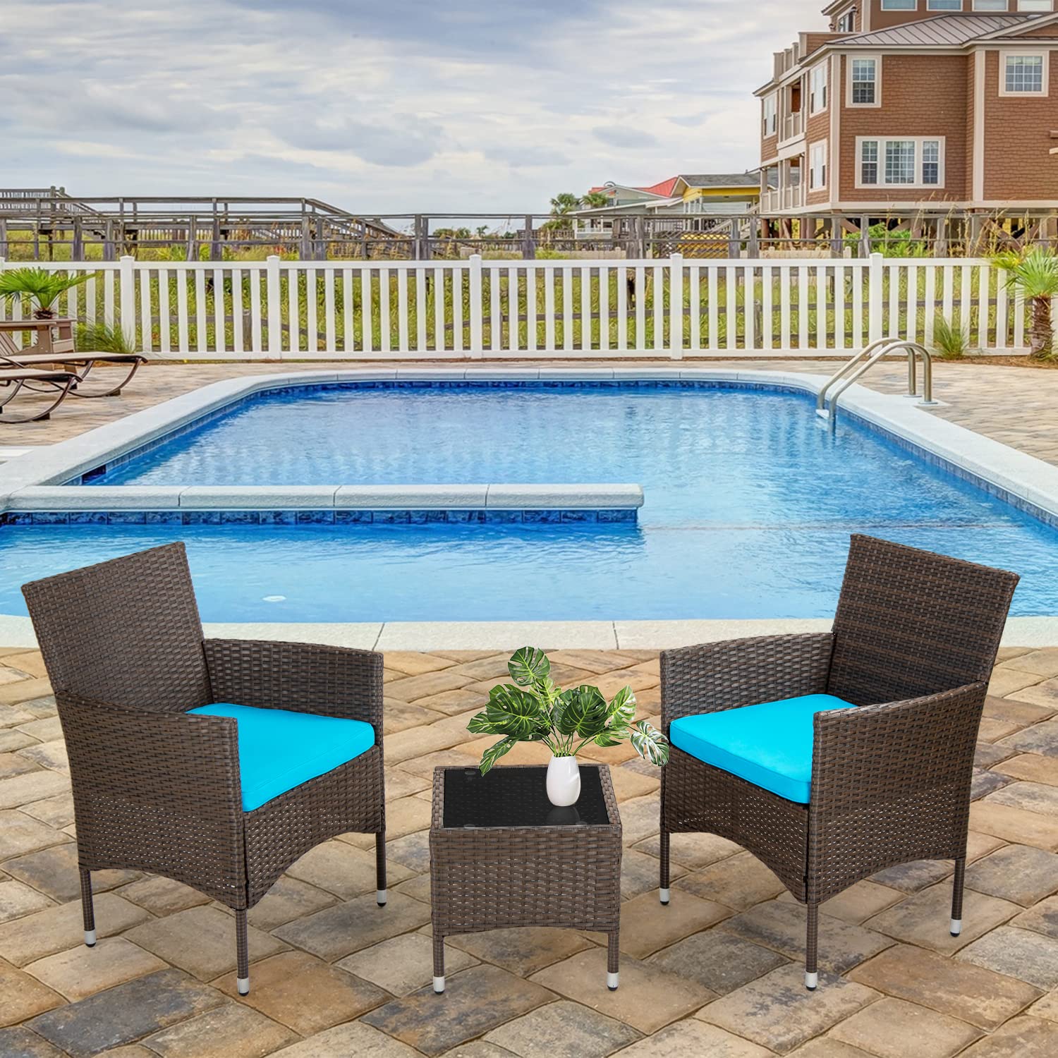 FDW 3-Piece Outdoor Patio Furniture Set - Wicker Bistro Set with Rattan Chairs & Table - Blue Cushion Included - Perfect for Yard, Backyard, Lawn, Porch, Poolside & Balcony Relaxation
