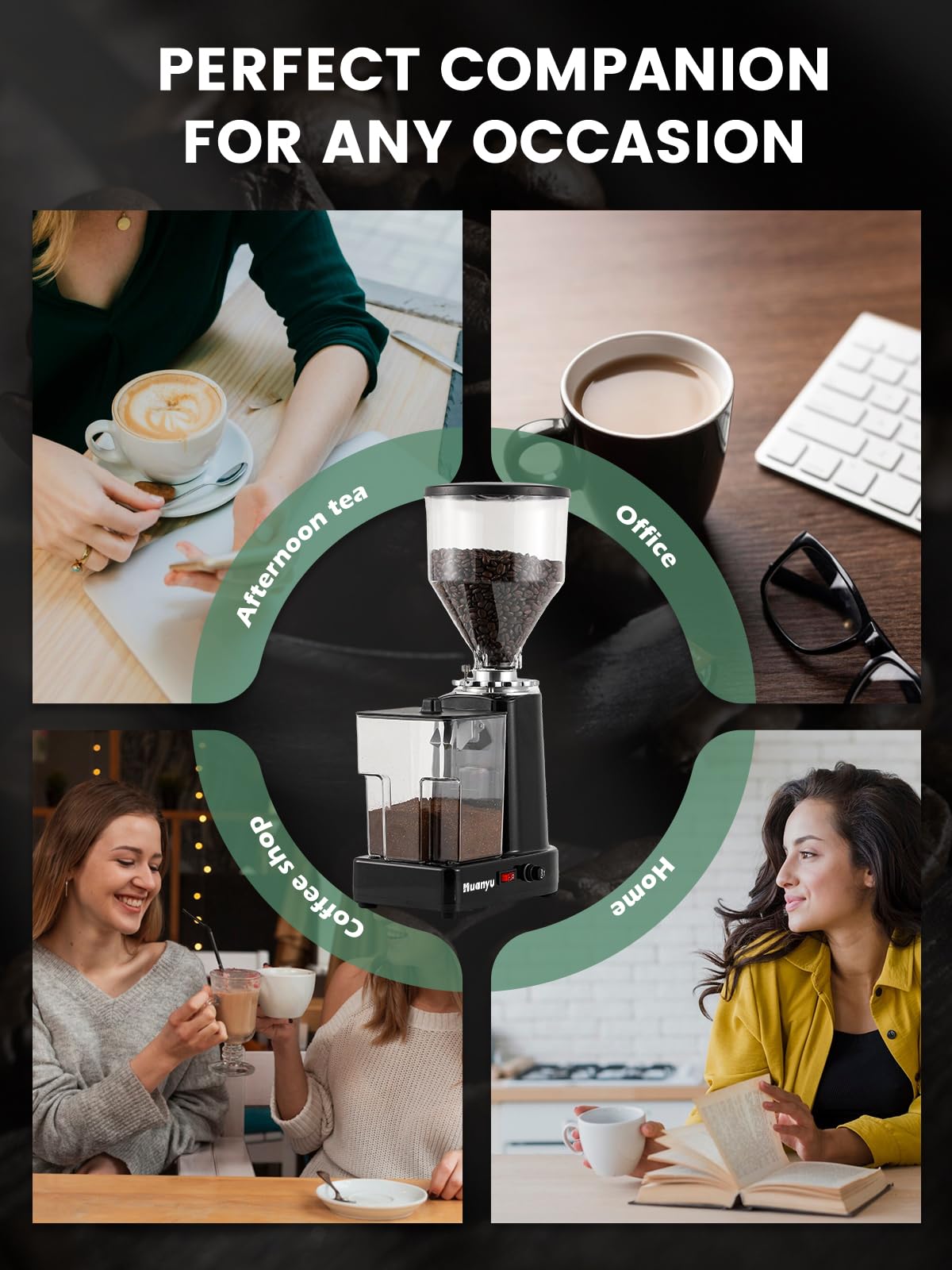 Premium Huanyu Electric Flat Burr Coffee Grinder - 19 Adjustable Grind Settings, 35oz Large Capacity for Fresh Beans - Perfect for Home Baristas & Coffee Shops (Black) | Ideal for Espresso, French Press & Cold Brew Preparation