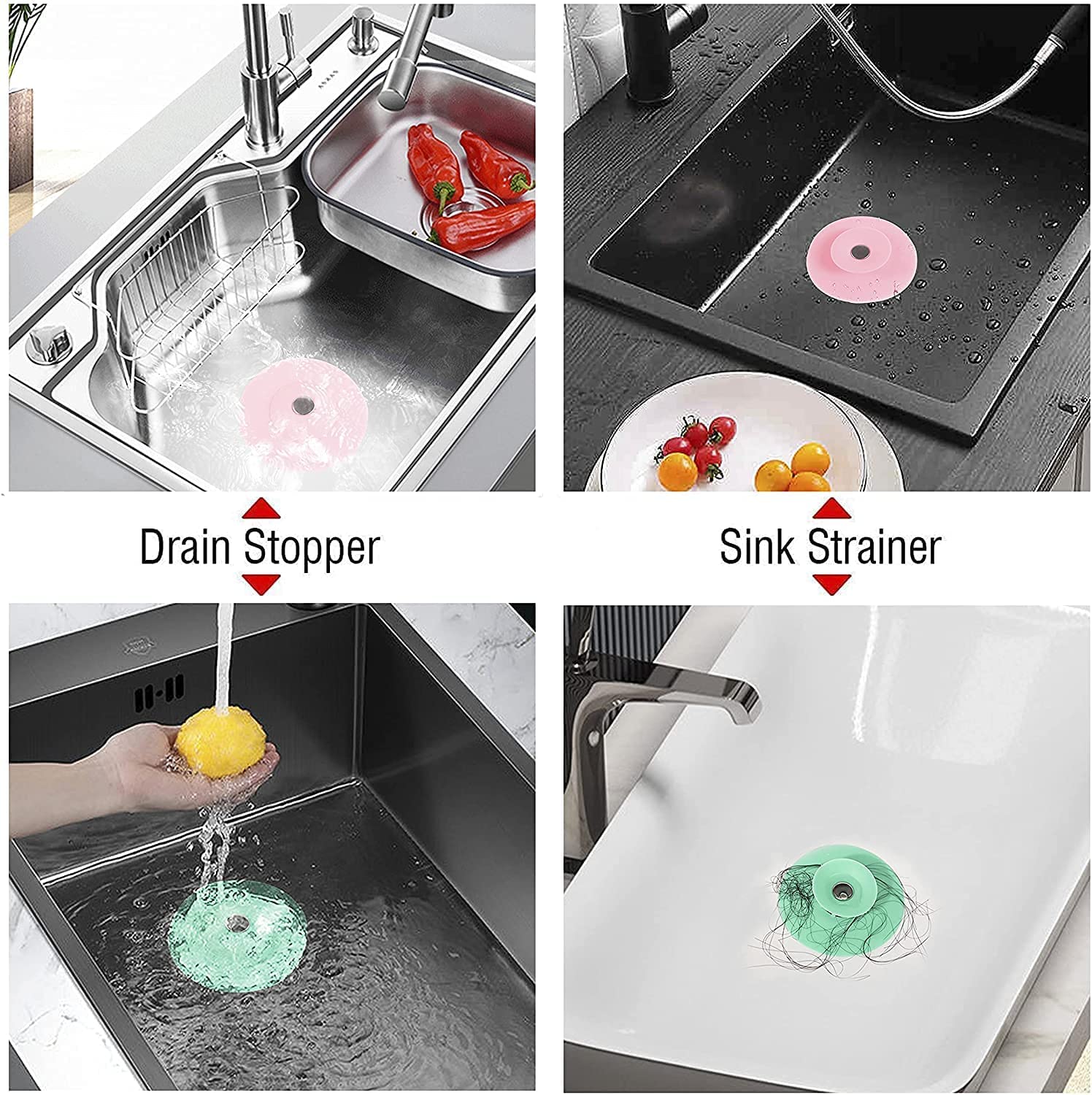 **HENIJ Silicone Sink Stopper & Drain Cover - Hair Catcher for Bathroom, Kitchen, Laundry, and Floor - Durable, Non-Slip, Easy to Clean (4-Pack, Random Colors) - Perfect for Preventing Clogs & Keeping Drains Clean**