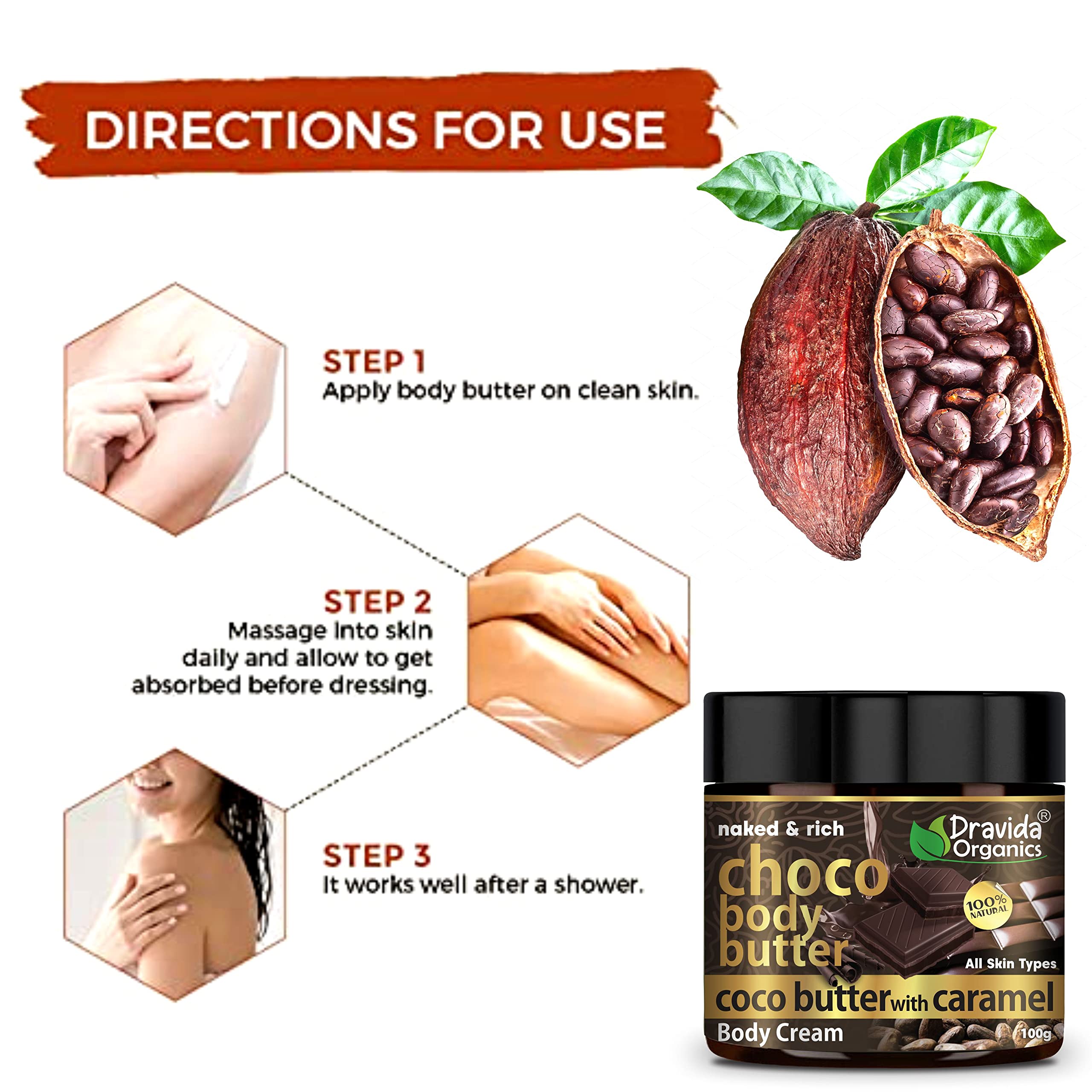 Dravida Organics Naked & Rich Choco Body Butter with Cocoa Butter & Caramel | Deep Moisturizing Cream for Dry Skin | All Skin Types | Paraben-Free, Mineral Oil-Free | 100g | Perfect for Daily Hydration & Spa Nights