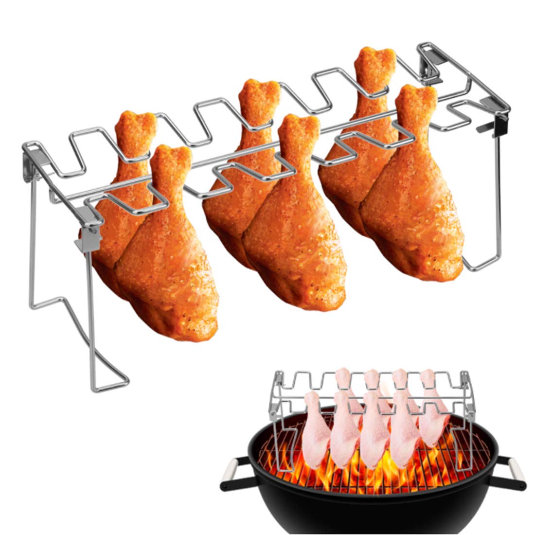 Stainless Steel Foldable Chicken Leg Wing Grill Rack - 12 Slots BBQ Drumstick Roaster Stand with Drip Pan for Smoker, Grill or Oven | Perfect for Backyard BBQ, Camping & Outdoor Cooking