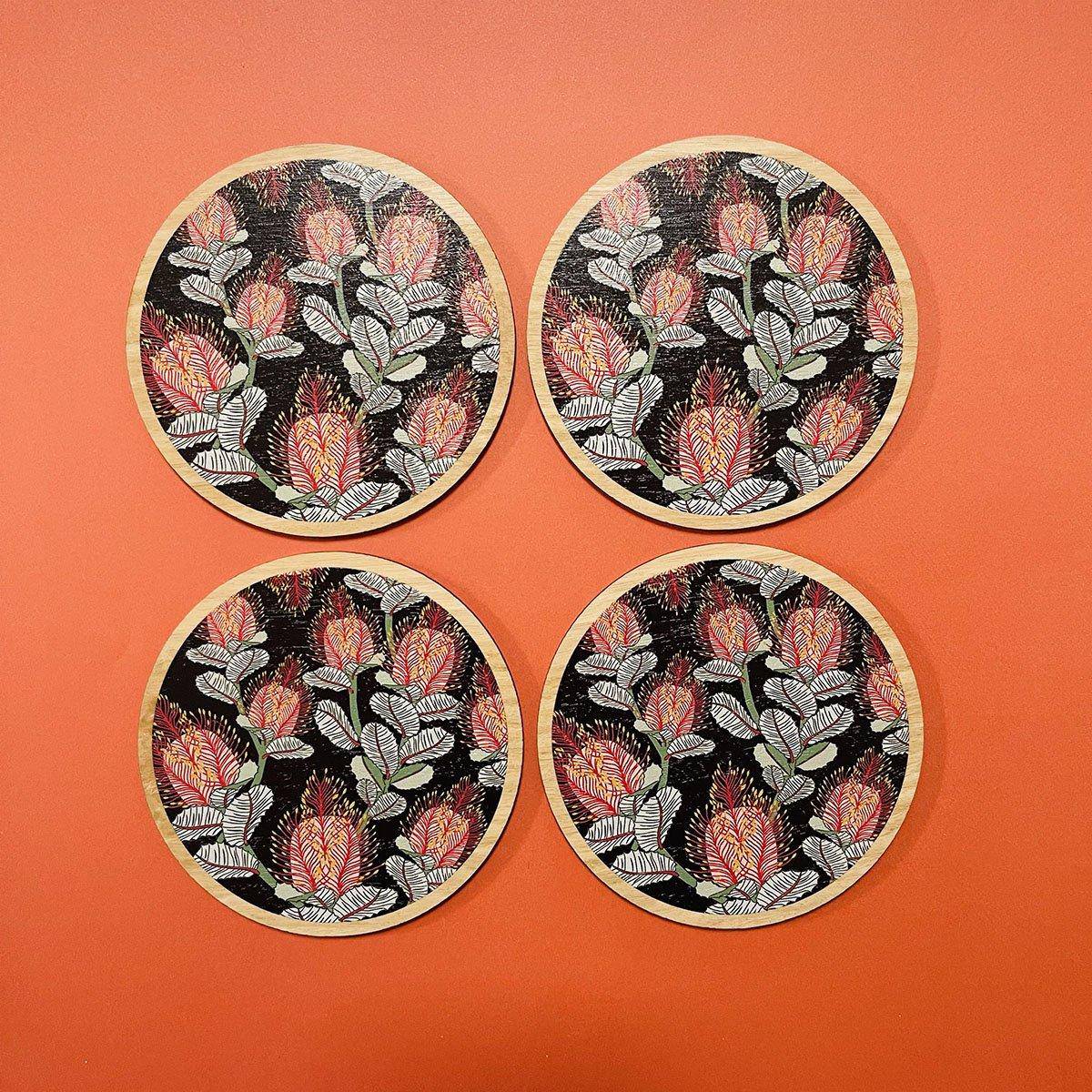 Premium Coral Banksias Australian Wooden Coaster Set - 4-Piece Natural Wood Drink Coasters for Hot & Cold Beverages - Perfect for Home, Office, and Outdoor Use