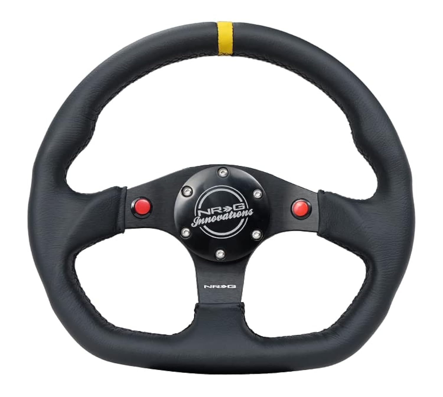 NRG Innovations 320mm Flat Bottom Sport Steering Wheel - Leather Wrapped, Reinforced Design, Dual Push Buttons with Yellow Center Mark - Perfect for Racing Simulators & Performance Car Upgrades