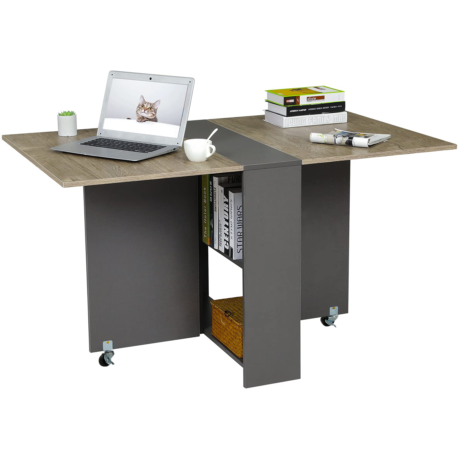 Optimized Tiptiper Folding Dining Table, Drop Leaf with 6 Wheels and 2-Layer Storage, Ideal for Small Spaces, Chestnut and Gray, Perfect for Apartments and Studios