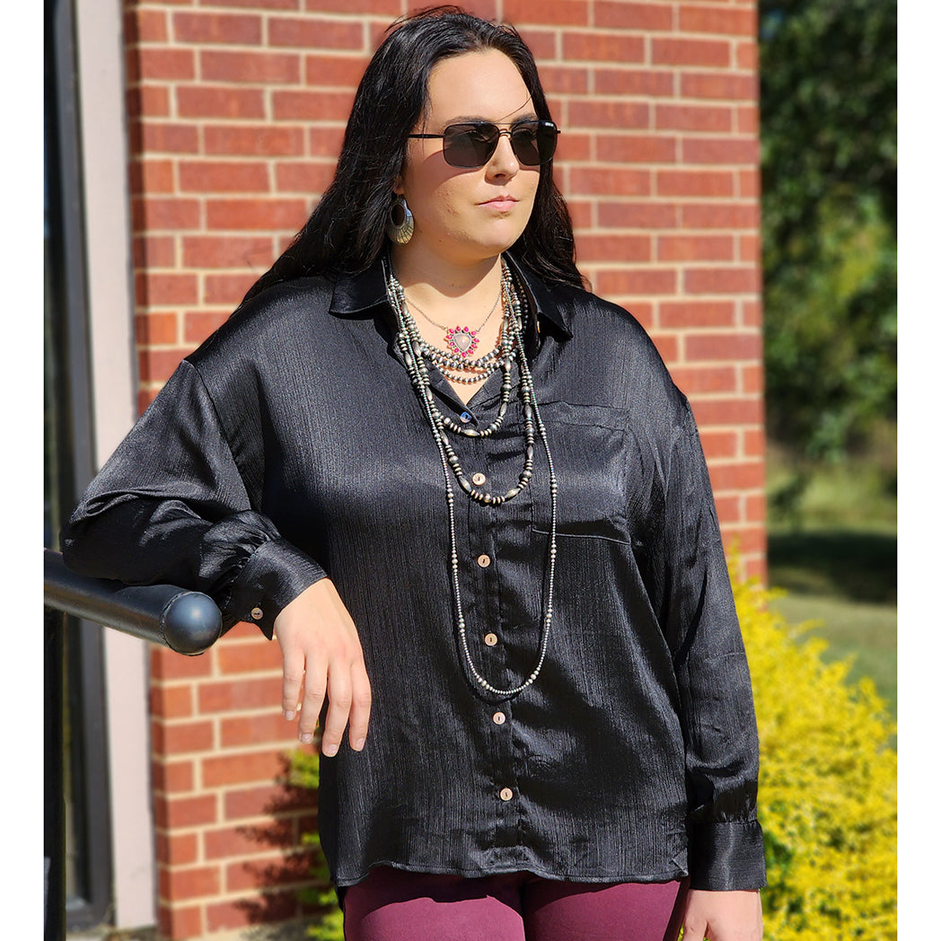 Andree Women's Black Shiny Blouse - Elegant Long Sleeve Button Up Shirt for Office, Party & Formal Events | Plus Size & Petite Options Available