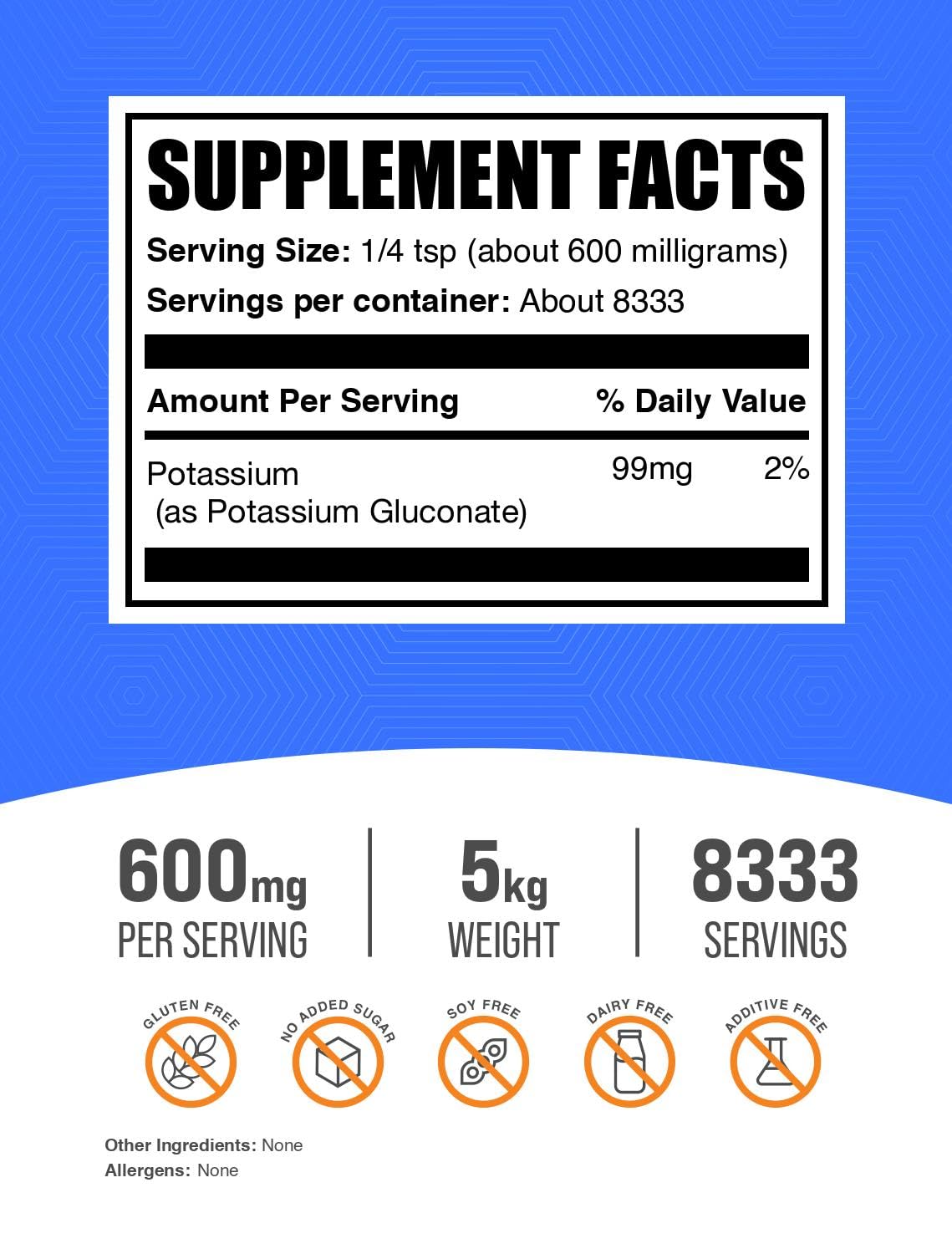 BulkSupplements Potassium Gluconate Powder 5kg (11 lbs) - 600mg per Serving, Gluten Free Mineral Supplement for Heart Health, Muscle Function & Electrolyte Balance - Great for Athletes, Keto Diet & Daily Wellness