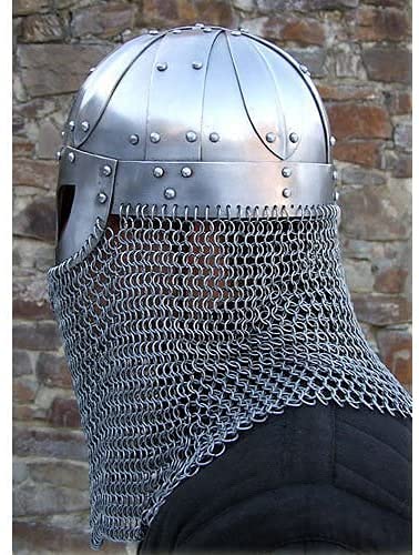 Viking Helmet Battle Armor - 18G Steel Chainmail Mask with Silver Finish | Rustic Norse Warrior Costume Accessory | Medieval Cosplay, Halloween Costume, Home Decor & Unique Gift Idea