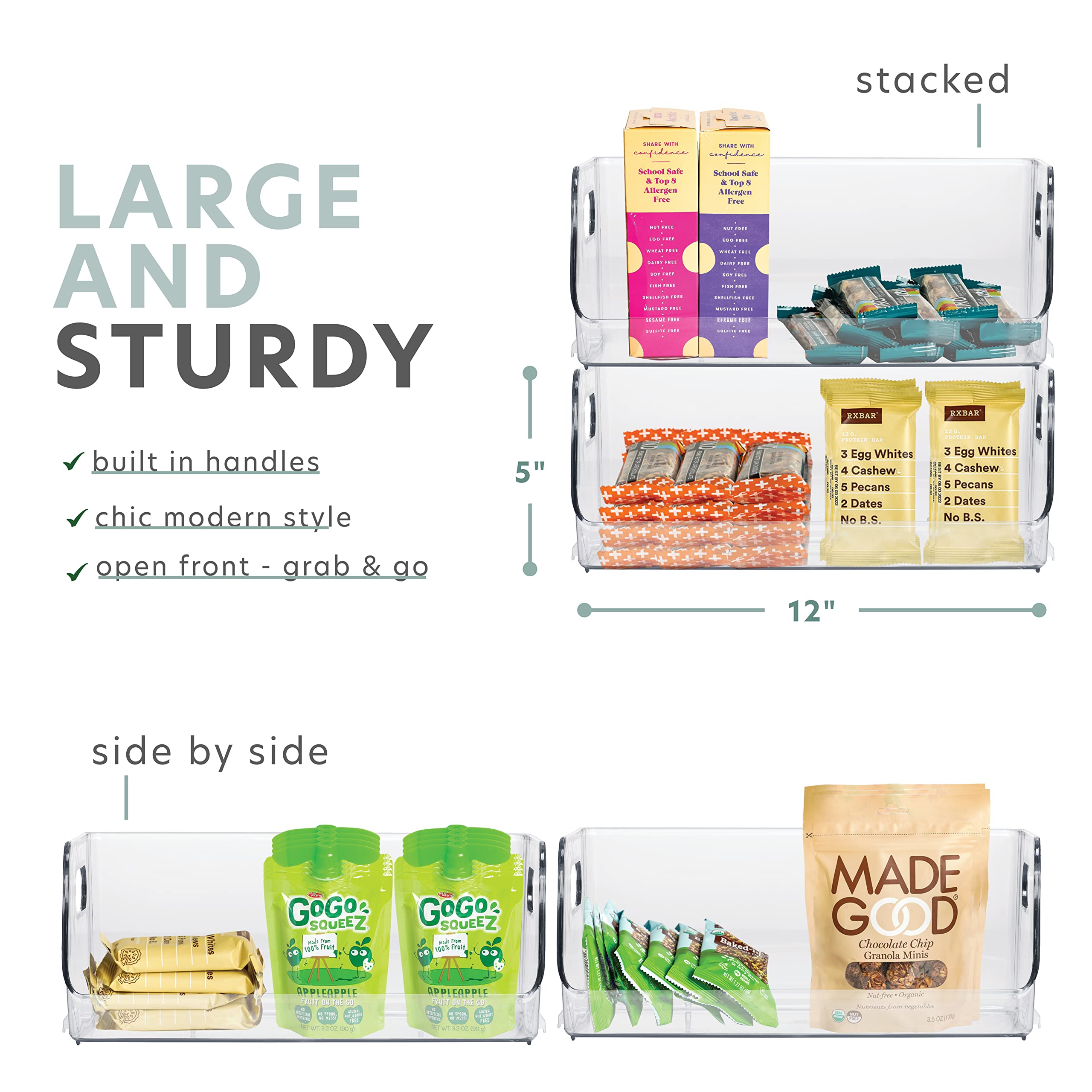 bHome & Co. 2-Pack Stackable Storage Bins - Sturdy Plastic Organizer Bins with Open Front Design for Pantry, Kitchen & Cabinet Organization - Clear Acrylic Containers Perfect for Snacks, Fruits, Toys & Home Storage