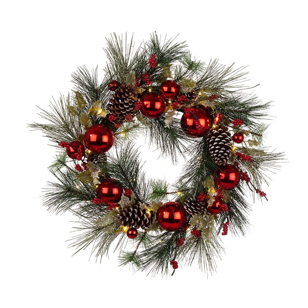 Rustic Farmhouse Wooden Window Frame with LED Pre-Lit Pinecone & Ornament Wreath - Christmas Holiday Decor for Front Door, Wall, Window - Perfect for Xmas Party, Home & Festival Celebration Decorations