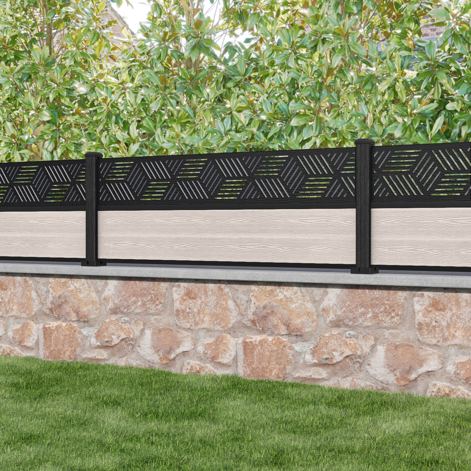 Classic Cubed Fence Panel - Mid Stone Color with Composite Posts | Durable Outdoor Privacy Fence for Backyard, Garden & Pool Areas
