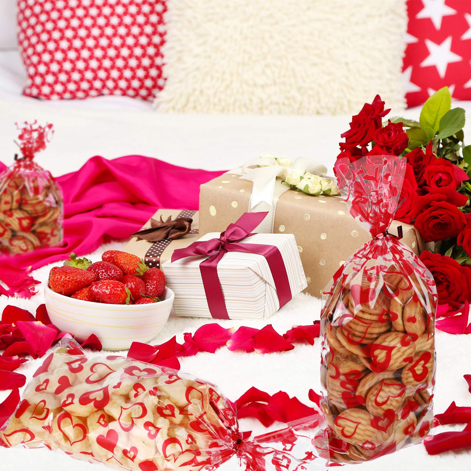 120-Piece Valentine's Day Treat Bags - Heart-Shaped Cellophane Candy Gift Bags with 150 Twist Ties - Perfect for Valentine's Party Favors, Classroom Treats & Wedding Candy Buffets