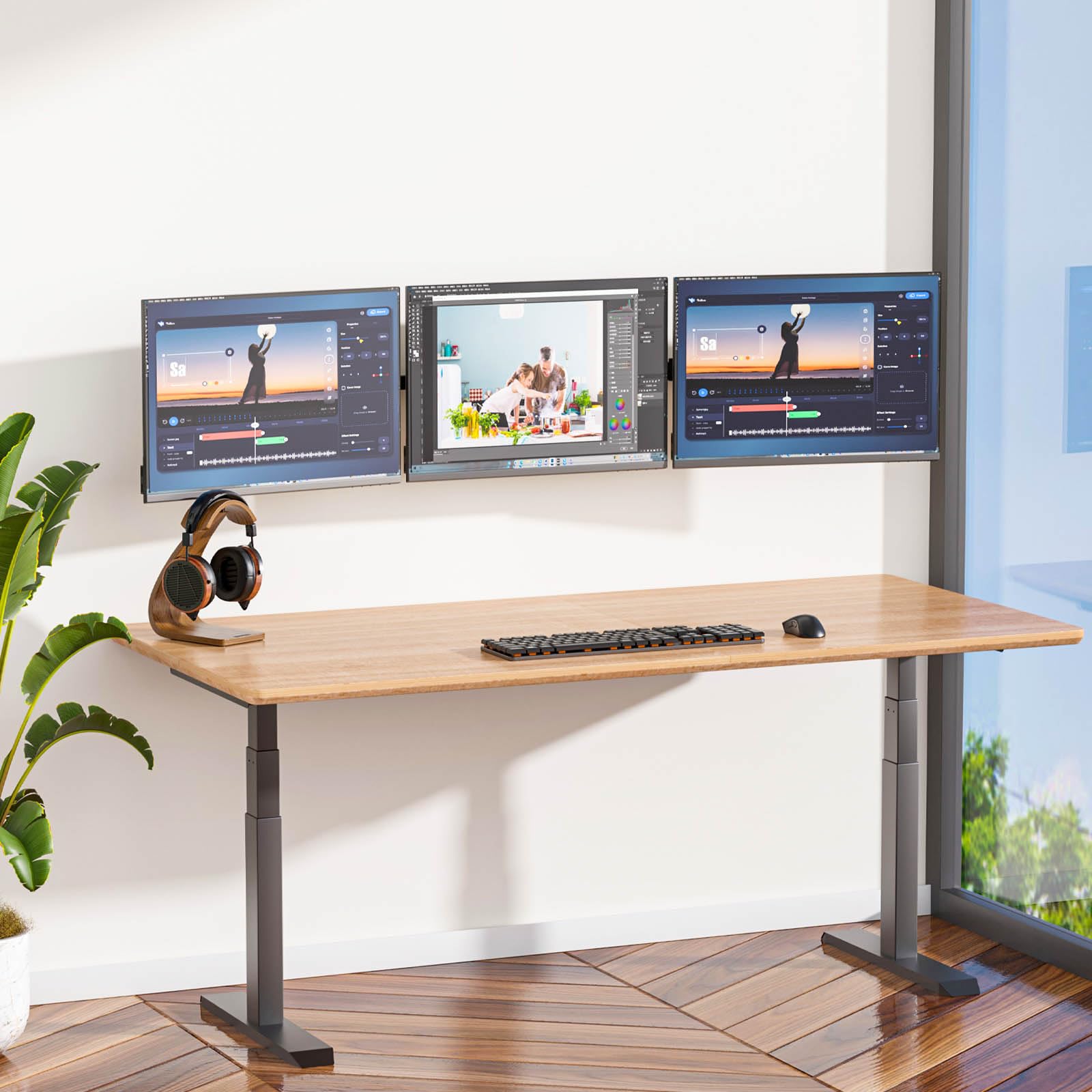 WALI Triple Monitor Wall Mount for 17-32 Inch Screens - Heavy Duty Adjustable 3 Monitor Arm with Swivel & Tilt - VESA 75x75/100x100mm - Each Arm Holds 15.4lbs (013ARM) Black - Perfect for Home Office, Gaming Setup & Multi-Screen Workstations