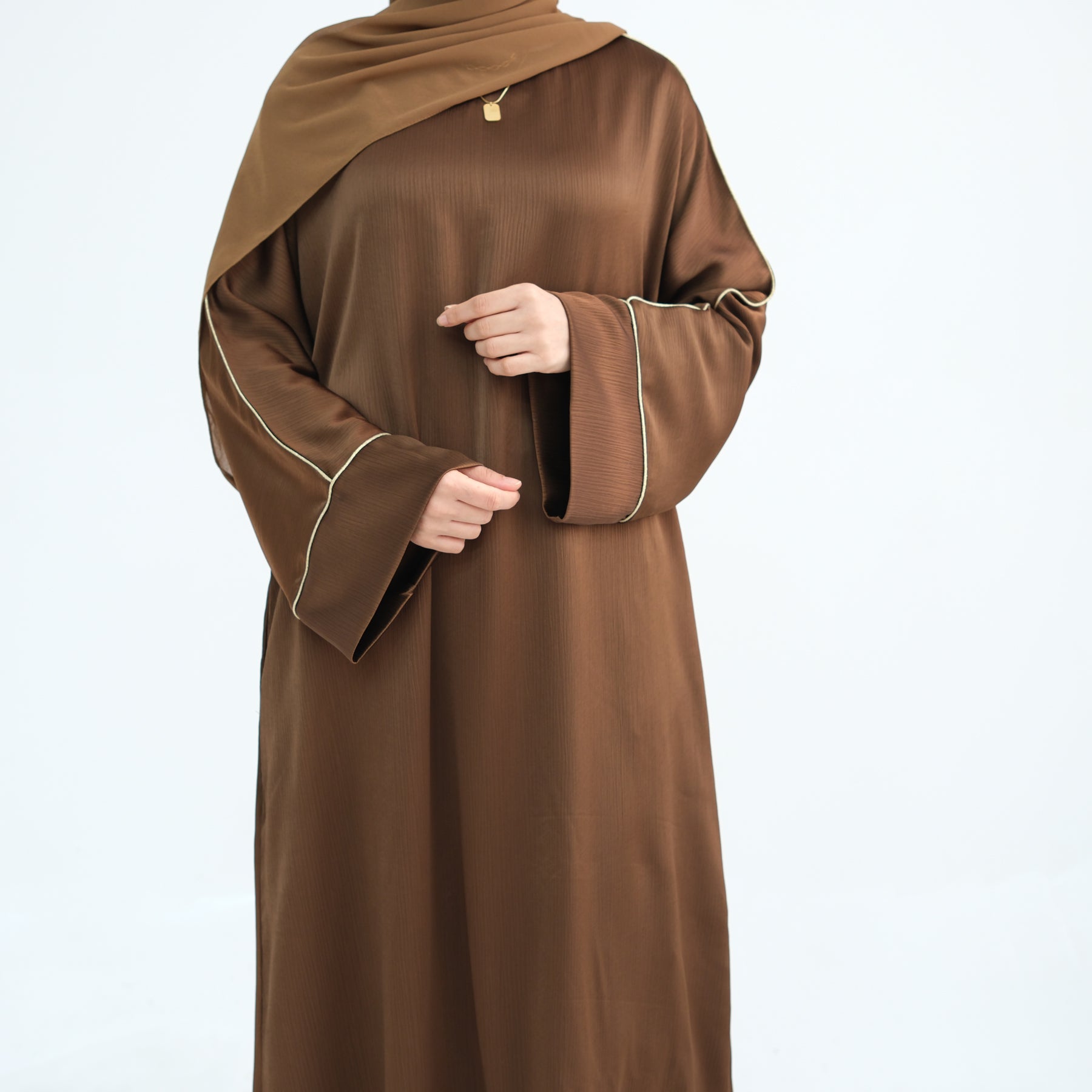 Elegant Ayana Textured Piping Detail Abaya Dress - Bronze Color for Women | Perfect for Islamic Prayer, Mosque Visits & Special Occasions