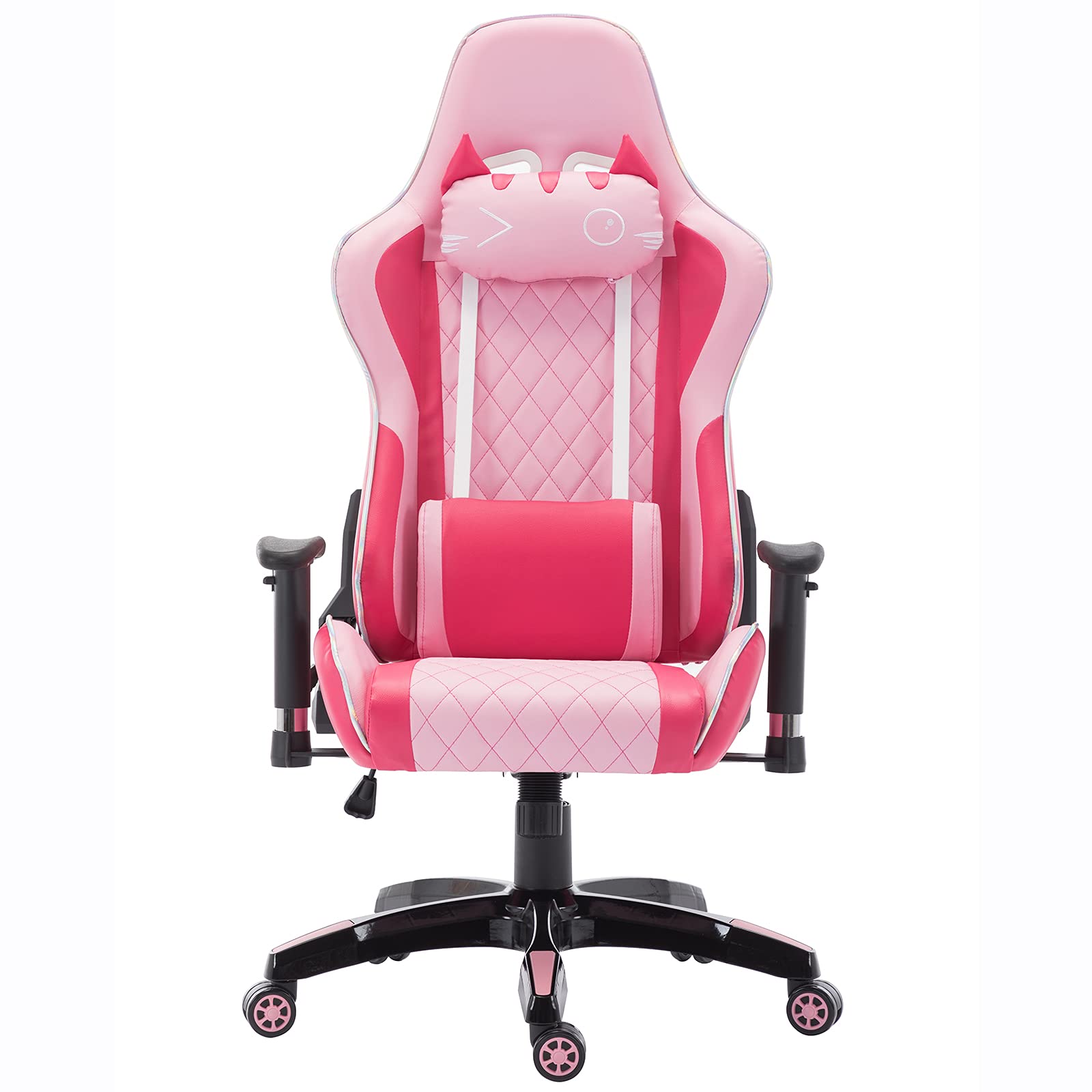 **Pink Gaming Chair with Cat Headrest & Lumbar Support - Ergonomic Computer Desk Chair for Adults & Kids, Pink & Black Base - Perfect for Gaming, Streaming & Home Office**