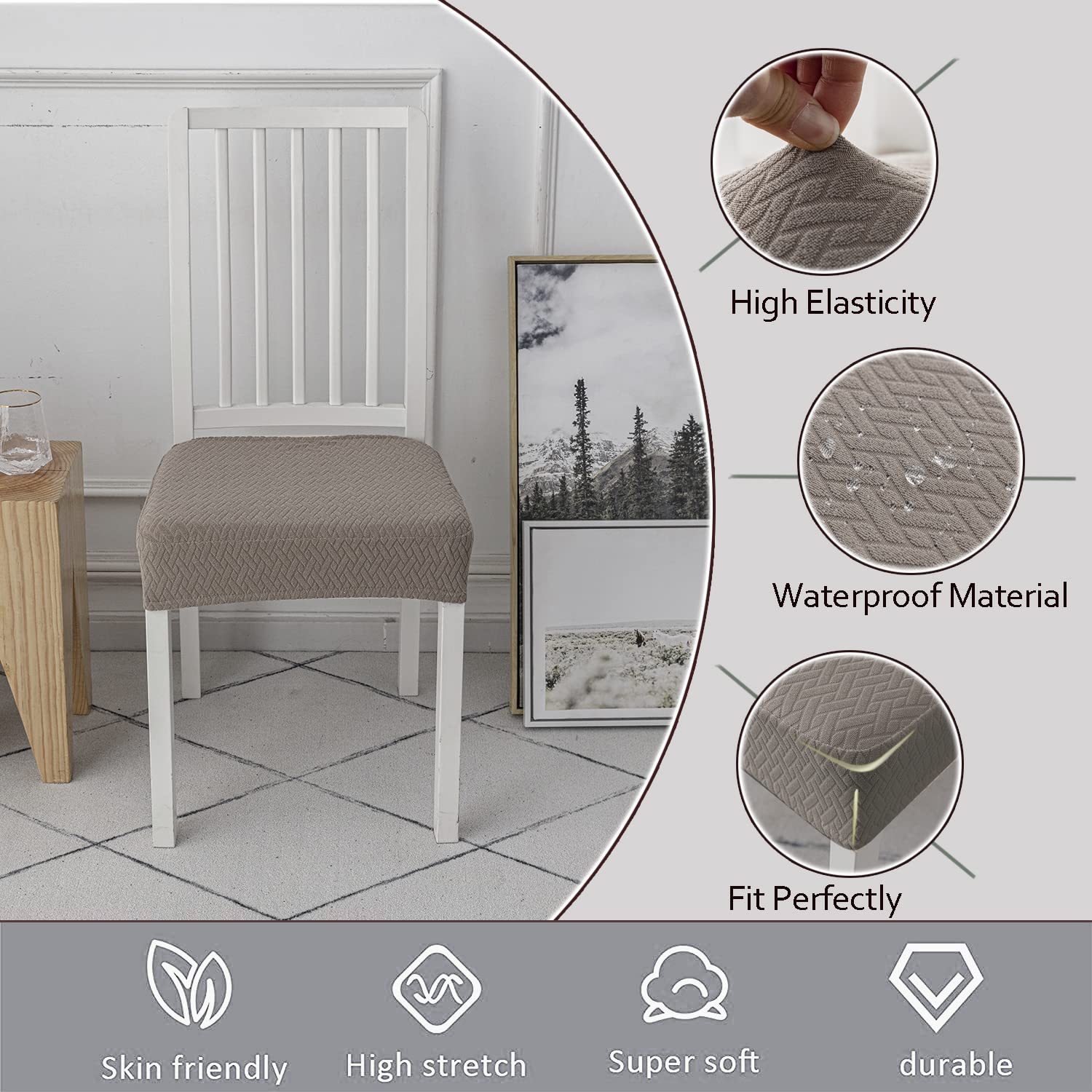 Stretch Jacquard Waterproof Dining Chair Seat Covers Set of 4 - Taupe Kitchen Chair Slipcovers for Dining Room & Home Decor | Perfect for Family Gatherings & Dinner Parties