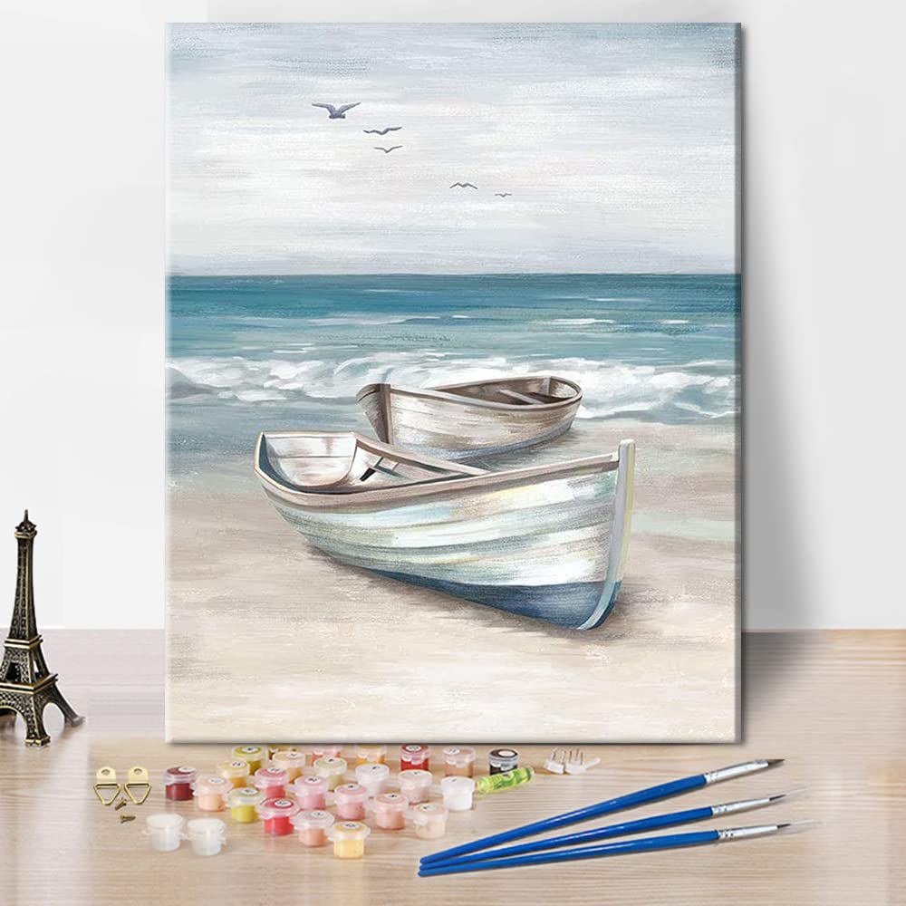 TUMOVO Ocean Paint by Numbers Kit for Adults & Kids - DIY Acrylic Painting Set with Boat & Coastal Beach Scene - 16x20 Inch Canvas - Perfect for Home Decor, Stress Relief & Family Art Projects