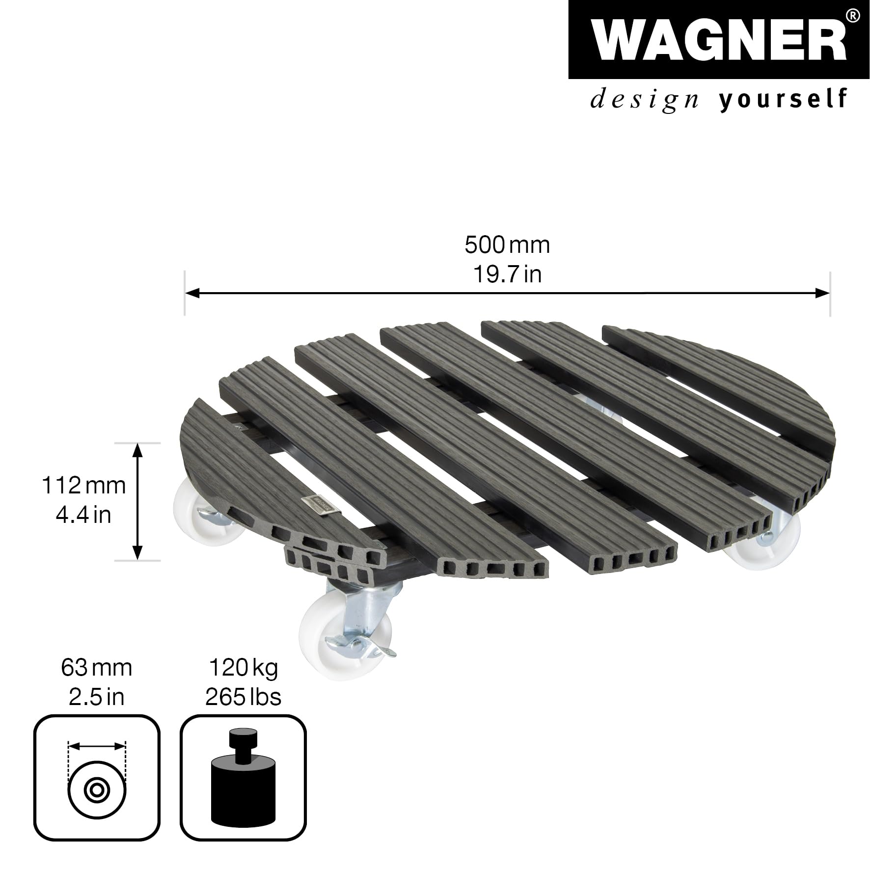 Wagner Plant Caddy WPC - 19.69 Inch Round Flower Pot Stand for Indoor & Outdoor Use - FSC® Certified Wood Plastic Composite (Charcoal) - 265 lbs Capacity with 2 Brakes - Perfect for Patio, Garden, and Home Decor (Model 64-0565)