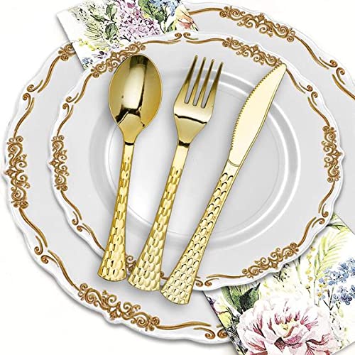 Premium Disposable Plastic Cutlery Set - Elegant Gold Flatware for Parties, Weddings & Events | Heavy Duty Glamorous Cutlery Bulk Pack (600 Knives) | Perfect for Birthday Celebrations, Bridal Showers & Catering Services