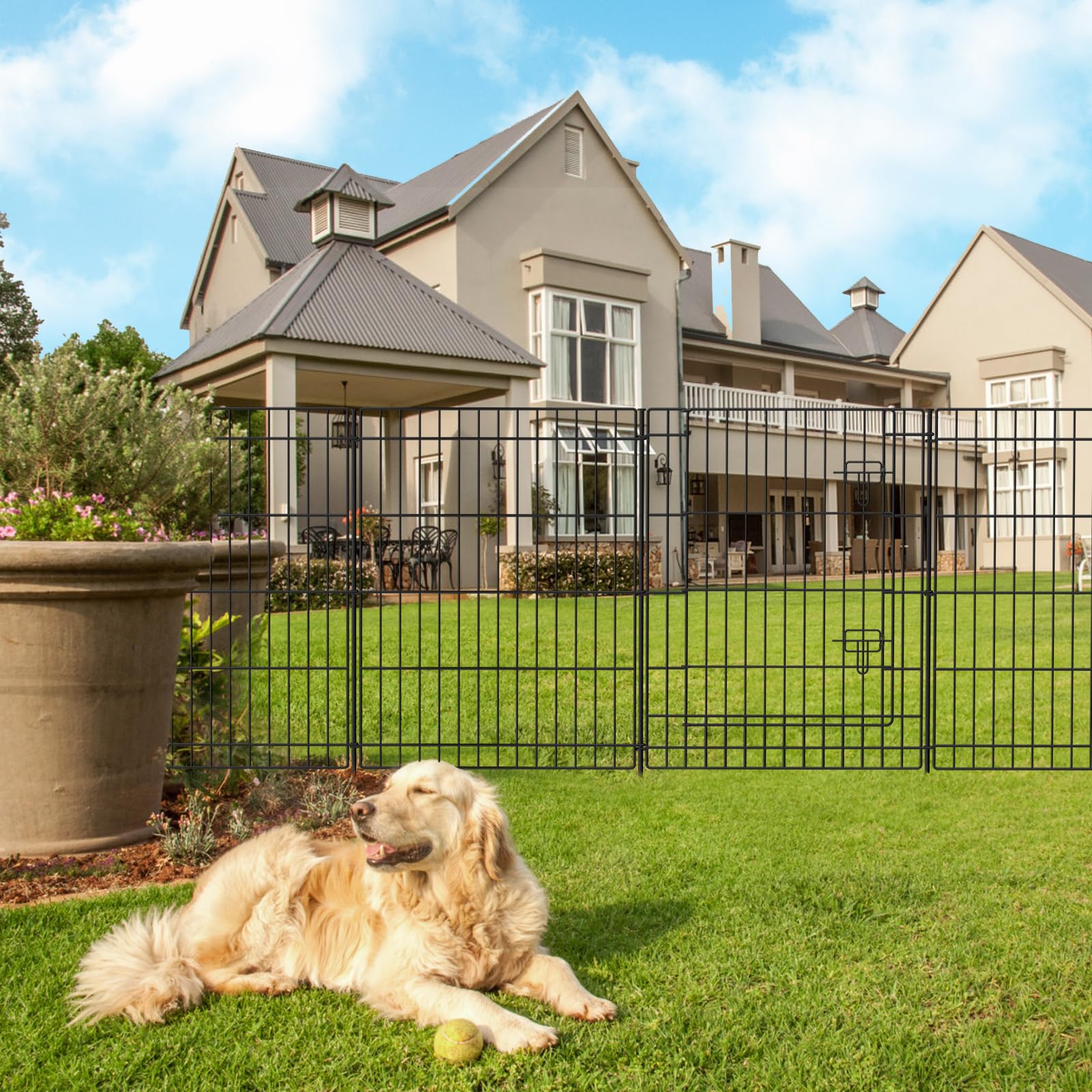 INJOPEXI 12-Panel Decorative Metal Garden Fence - 23.6ft Long x 30in Tall Rustproof Wire Fencing with Gate | No Dig Temporary Animal Barrier for Yard, Outdoor Patio & Garden Protection | Perfect for Pet Containment, Landscape Borders & Pool Safety