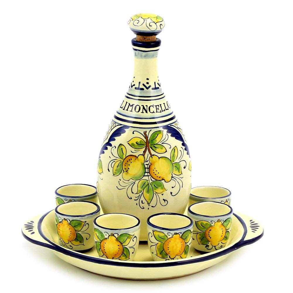 Premium Limoncello Gift Set with Blue Trimmings - Includes Glass Bottle with Stopper, Serving Tray & 6 Shot Glasses (#6008/SET-LMC) - Perfect for Italian Cocktails, Hostess Gifts & Dinner Parties