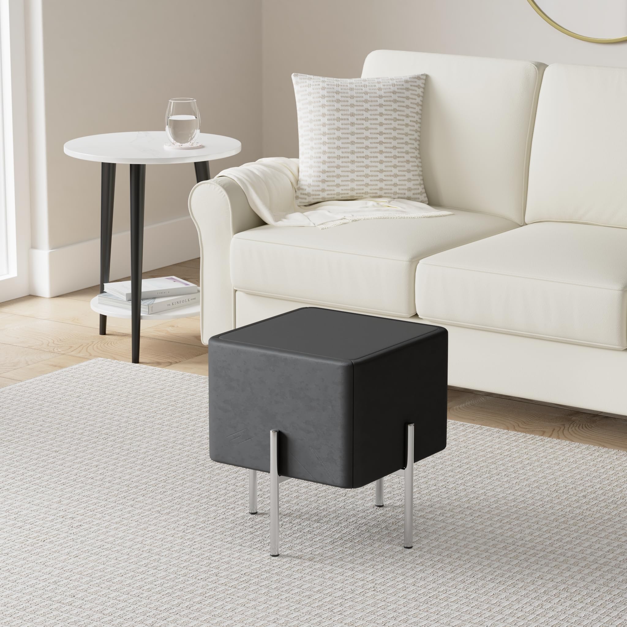 Cortesi Home Zane Contemporary Cube Ottoman with Metal Legs - Black Velvet Upholstery, 16 Inch Modern Footstool | Perfect for Living Room, Bedroom & Office Decor (CH-OT165512)