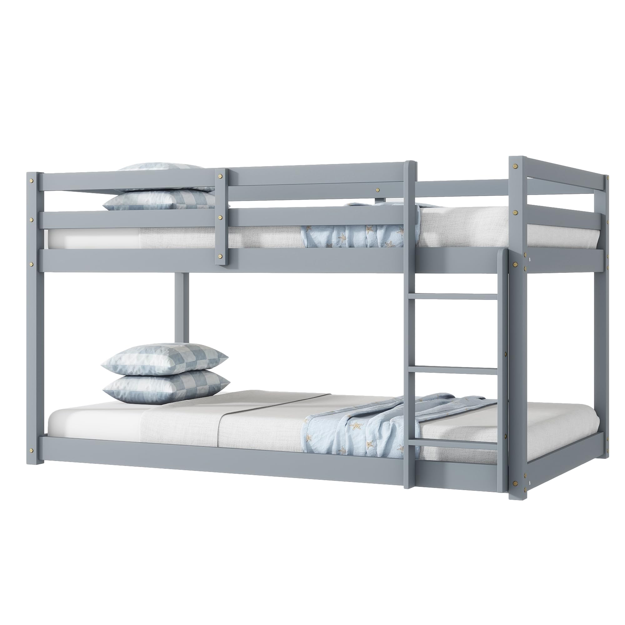 Low Bunk Beds Twin Over Twin - Sturdy Wood Floor Bunk Bed Frame with Safety Rails for Kids, Teens, Boys & Girls - Space-Saving Junior Loft Bed for Small Rooms, Dorms & Shared Kids Bedrooms - Gray