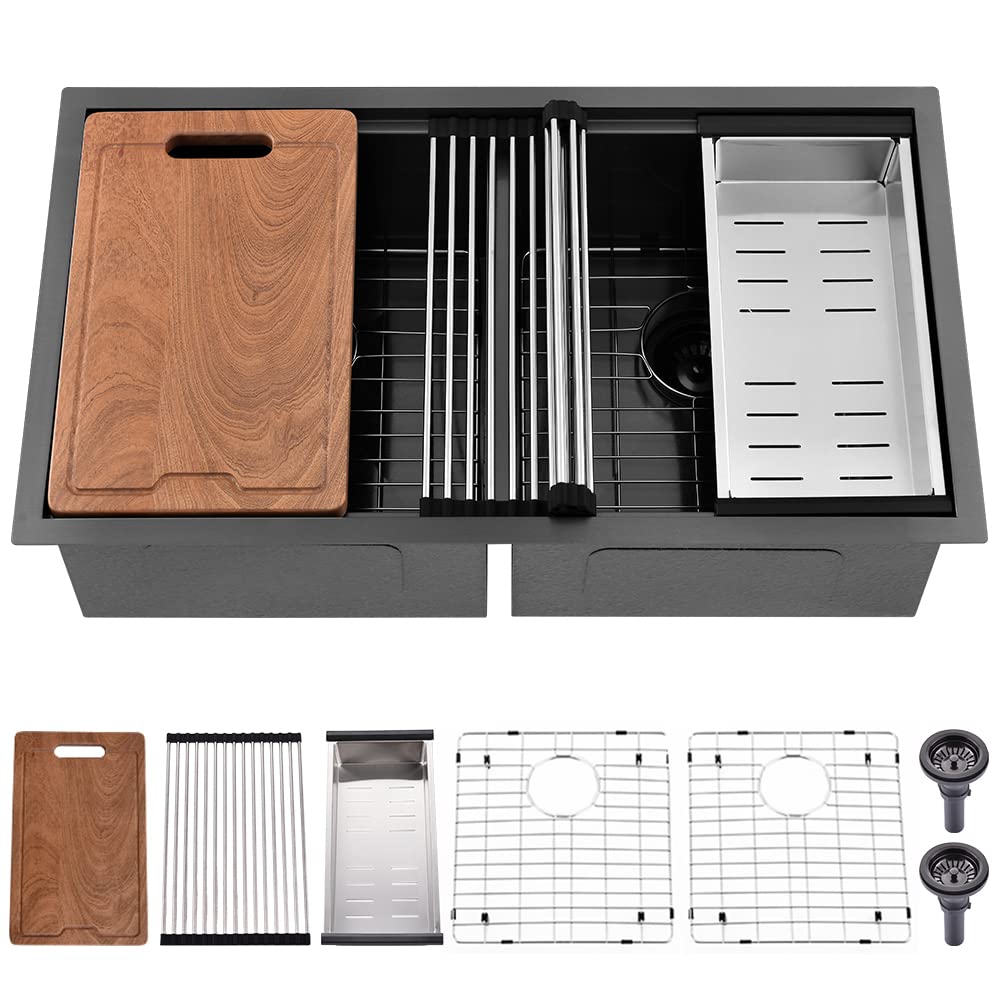 Bokaiya 33x19 Inch Undermount Double Bowl Kitchen Sink - 16 Gauge Black Stainless Steel, Deep Low Divided 50/50 Design for Heavy Duty Use - Perfect for Food Prep, Dishwashing & Multi-Tasking in Modern Kitchens