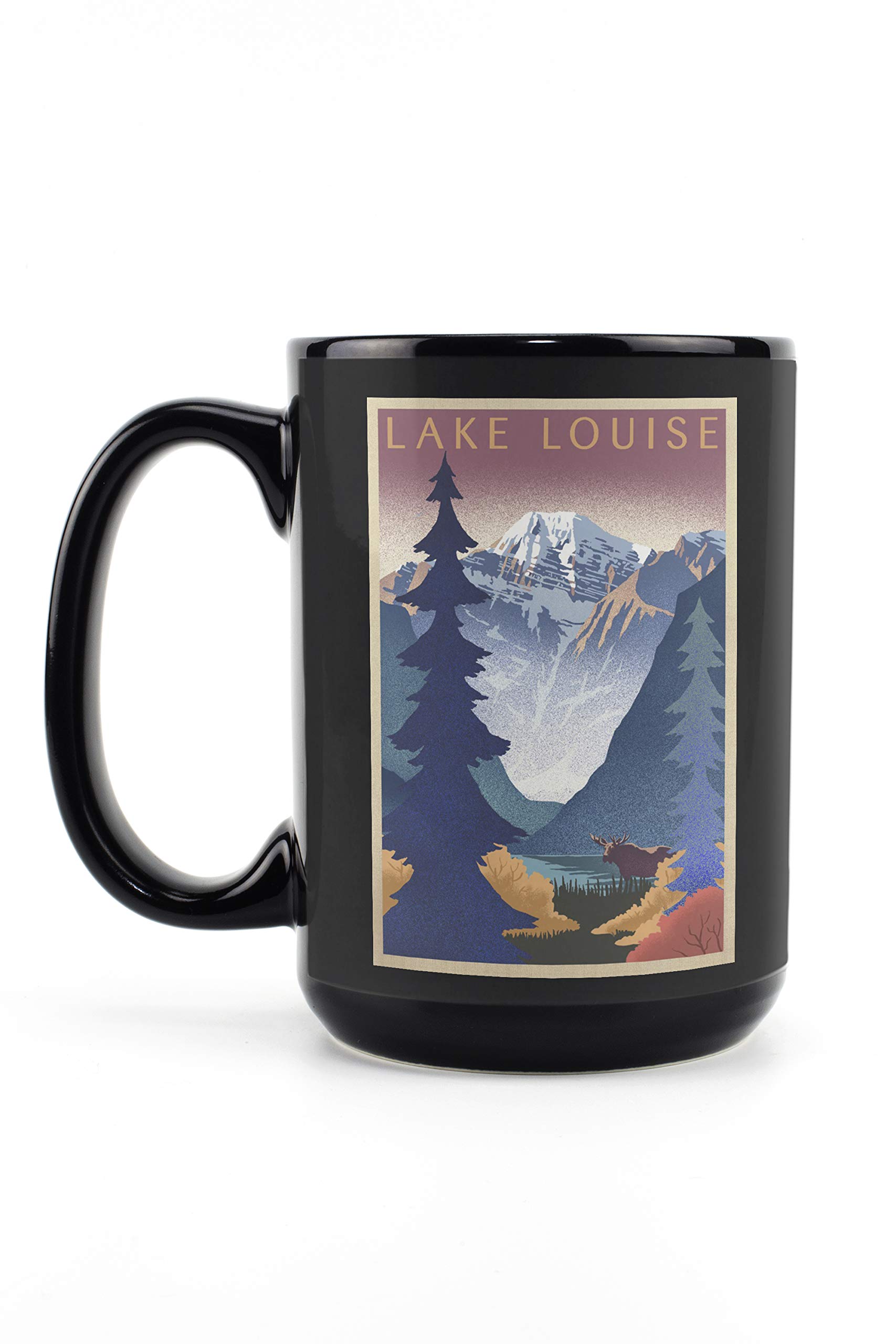 Lake Louise Canada Mountain Scene Lithograph - 15oz Black Ceramic Coffee & Tea Mug, Dishwasher & Microwave Safe - Perfect for Home, Office & Camping Use