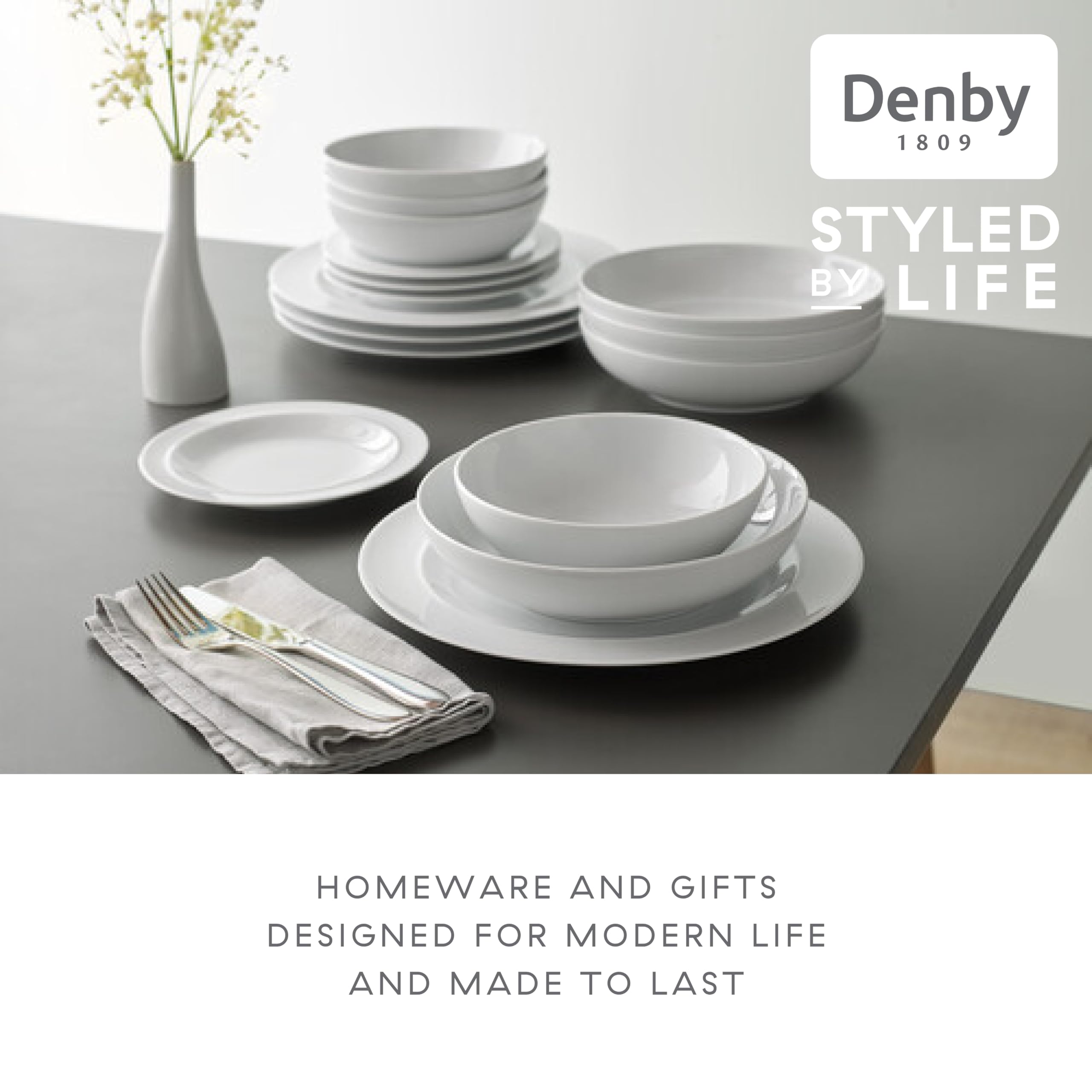 Denby White 12-Piece Porcelain Dinnerware Set - Fine China Dinner Plates, Salad Plates & Cereal Bowls - Dishwasher & Microwave Safe, Scratch Resistant - Perfect for Family Dinners, Holiday Entertaining & Everyday Use