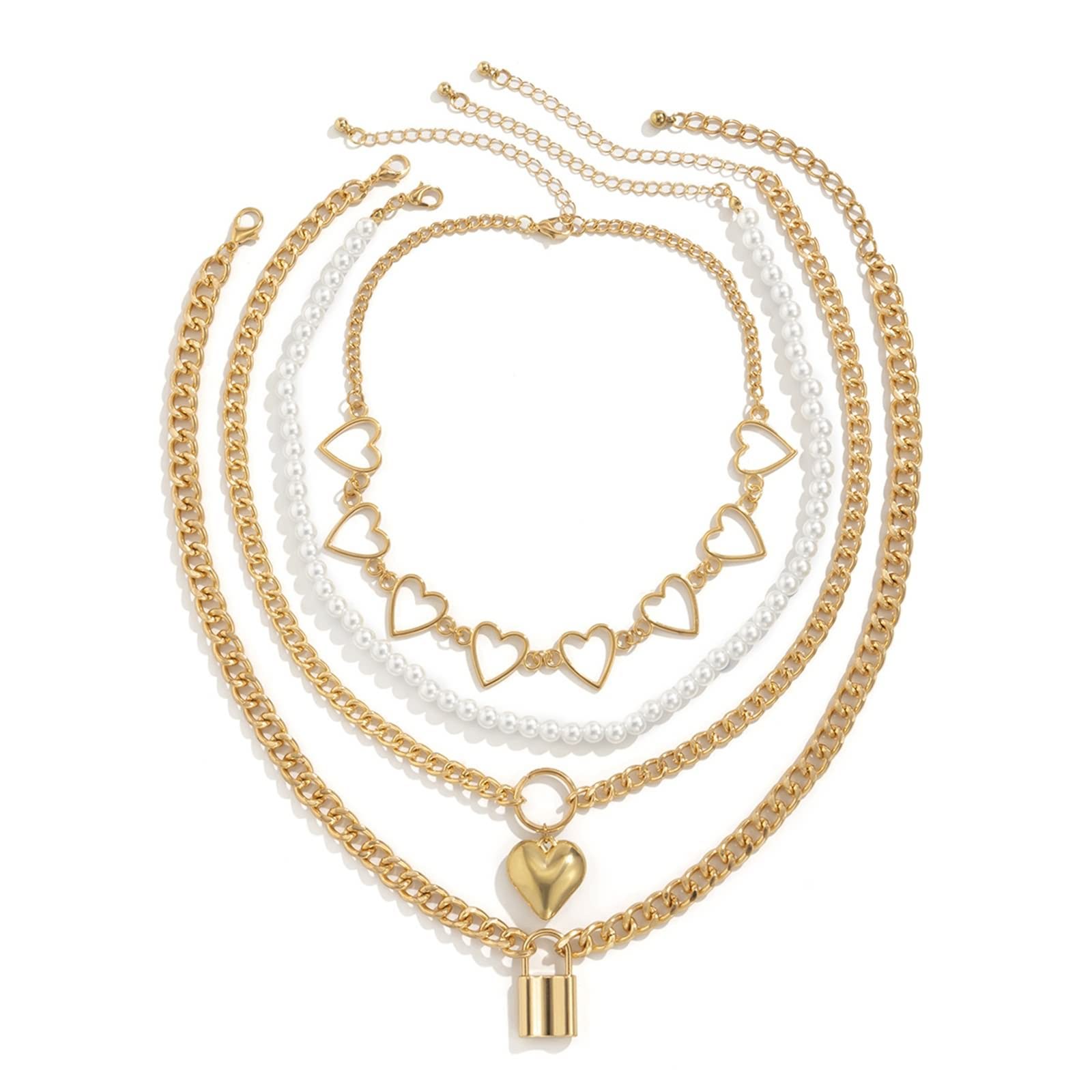 KnBoB 4 Layer Gold Plated Cuban Chain Necklace for Women - Adjustable Vintage Heart & Lock Pendant Jewelry | Perfect for Date Night, Party & Everyday Wear