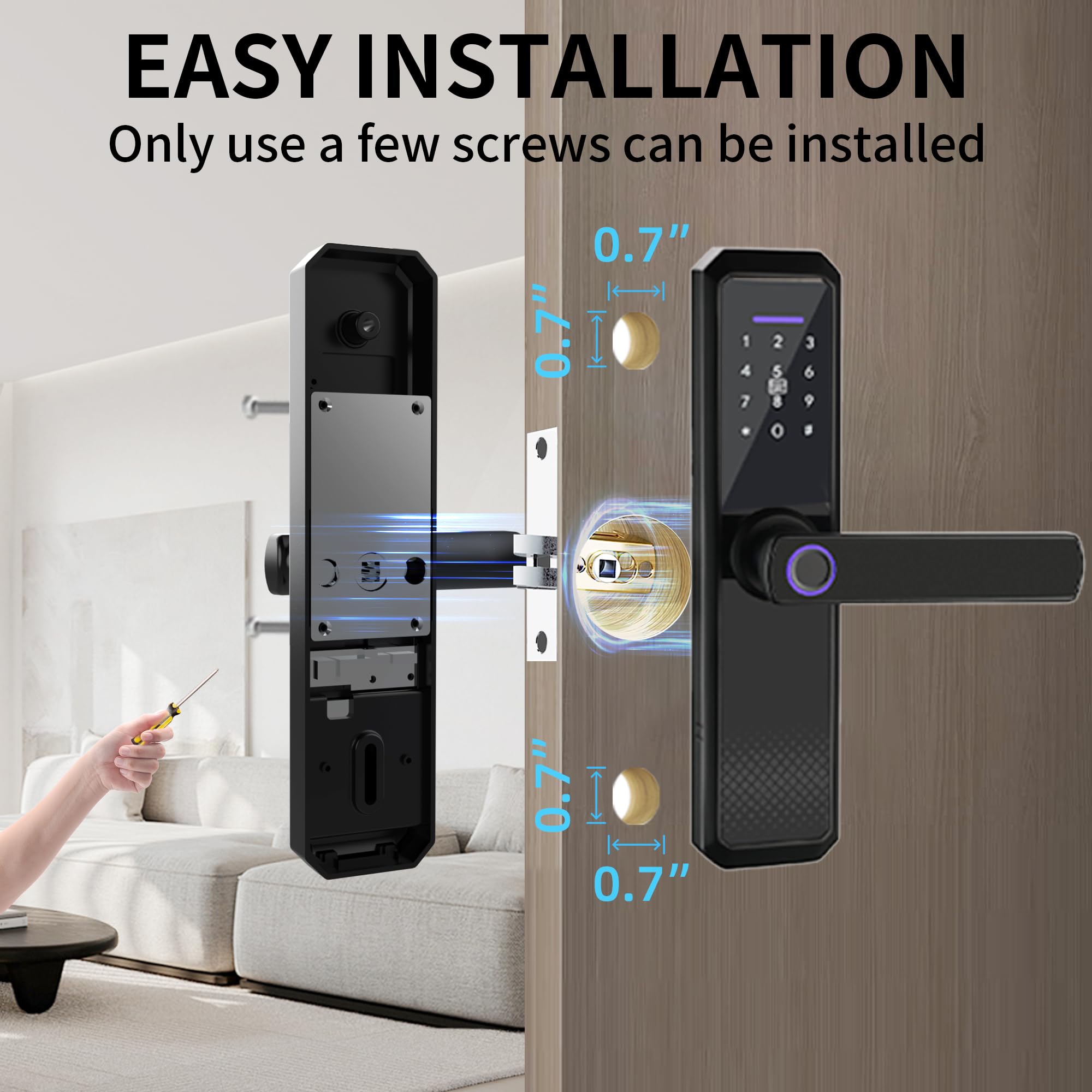 Smart Keyless Entry Door Lock - Fingerprint, WiFi, Keypad, Auto Lock & Free App for Home Security | Electronic Digital Deadbolt with 2-Way Handle, Password & IC Card Access | Perfect for Apartments, Offices & Smart Homes (Black)