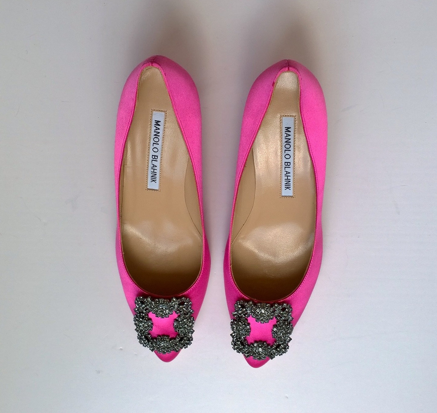 Manolo Blahnik Hangisi Pink Satin Rhinestone Buckle Court Shoes - Elegant Women's Heels for Weddings, Parties & Special Occasions