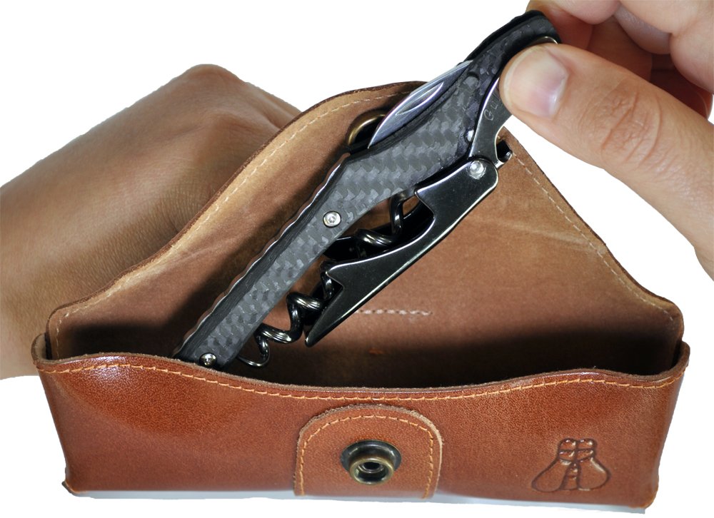 Premium Castello Carbon Fiber Waiter's Corkscrew with Genuine Leather Pouch - Elegant Wood Gift Box - Perfect for Wine Lovers, Sommeliers & Restaurant Professionals